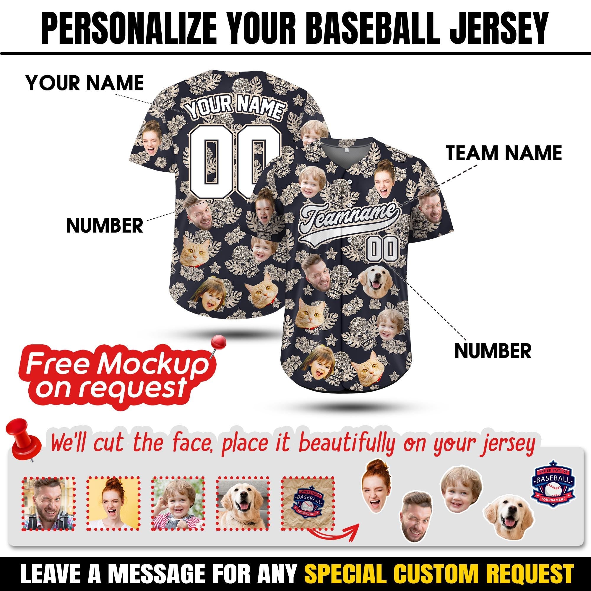 Personalized Hawaiian Baseball Jersey for Summer Party Gift Custom Tiki Hawaiian Shirt with Face Tropical Tiki Beach Shirt with custom photo