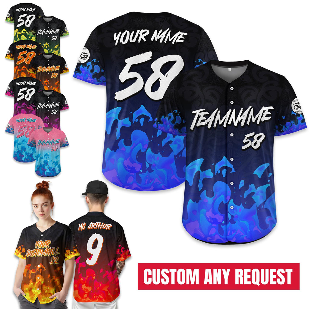 Personalized Flame Jersey Custom Baseball Team Shirt with Name, Cool Flame Graphic Gift for Him Button Down Jersey Hip hop Streetwear shirt