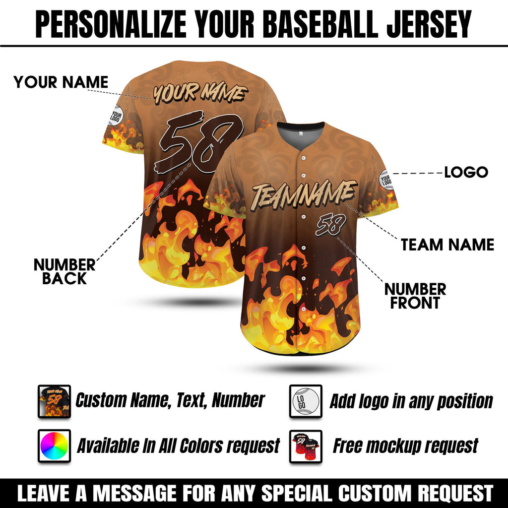Custom Name Flame Baseball Jersey Personalized Streetwear Jersey for Men, Concert Jersey Flame Graphic Button Down Jersey Baseball Fan Gifts