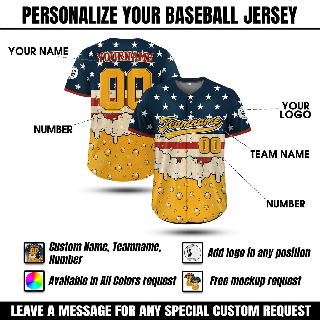 Personalized USA Beer Baseball Jersey with Name & Number, Custom 4th of July Independence Day Patriotic Shirt, American Flag Baseball Jersey