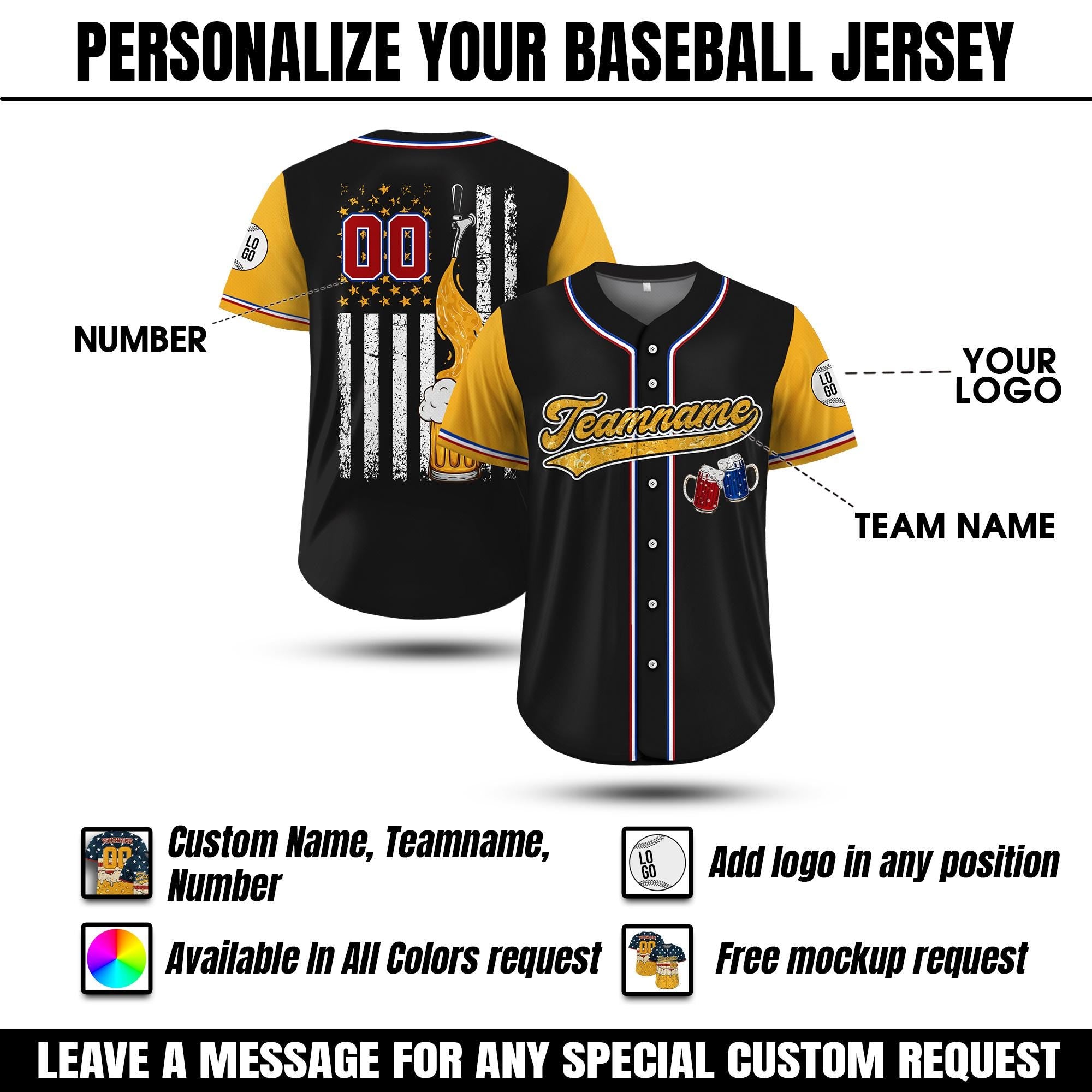 Custom Beer Baseball Jersey with Name, Red White and Blue Patriotic Jersey for 4th of July Independence Day Baseball Fans Beer Lovers Gift