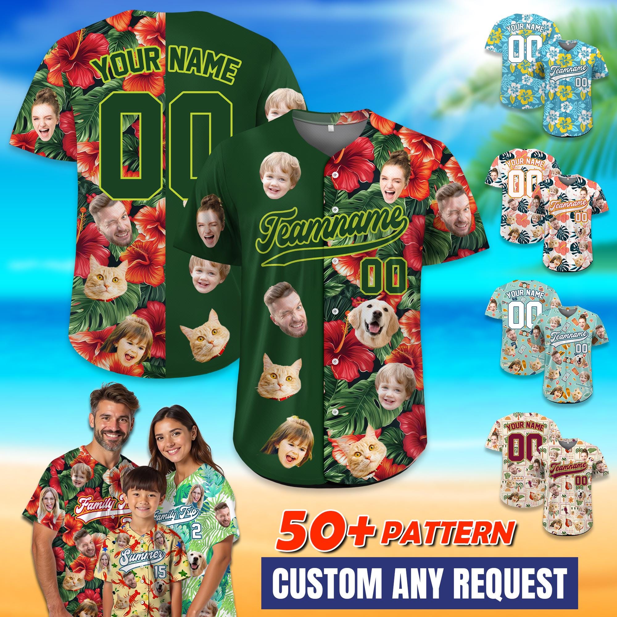 Custom Hawaiian Baseball Jersey with photo, Personalized Hawaii Hibiscus Floral Shirt for Men Women Youth Preschool Family Matching Shirt