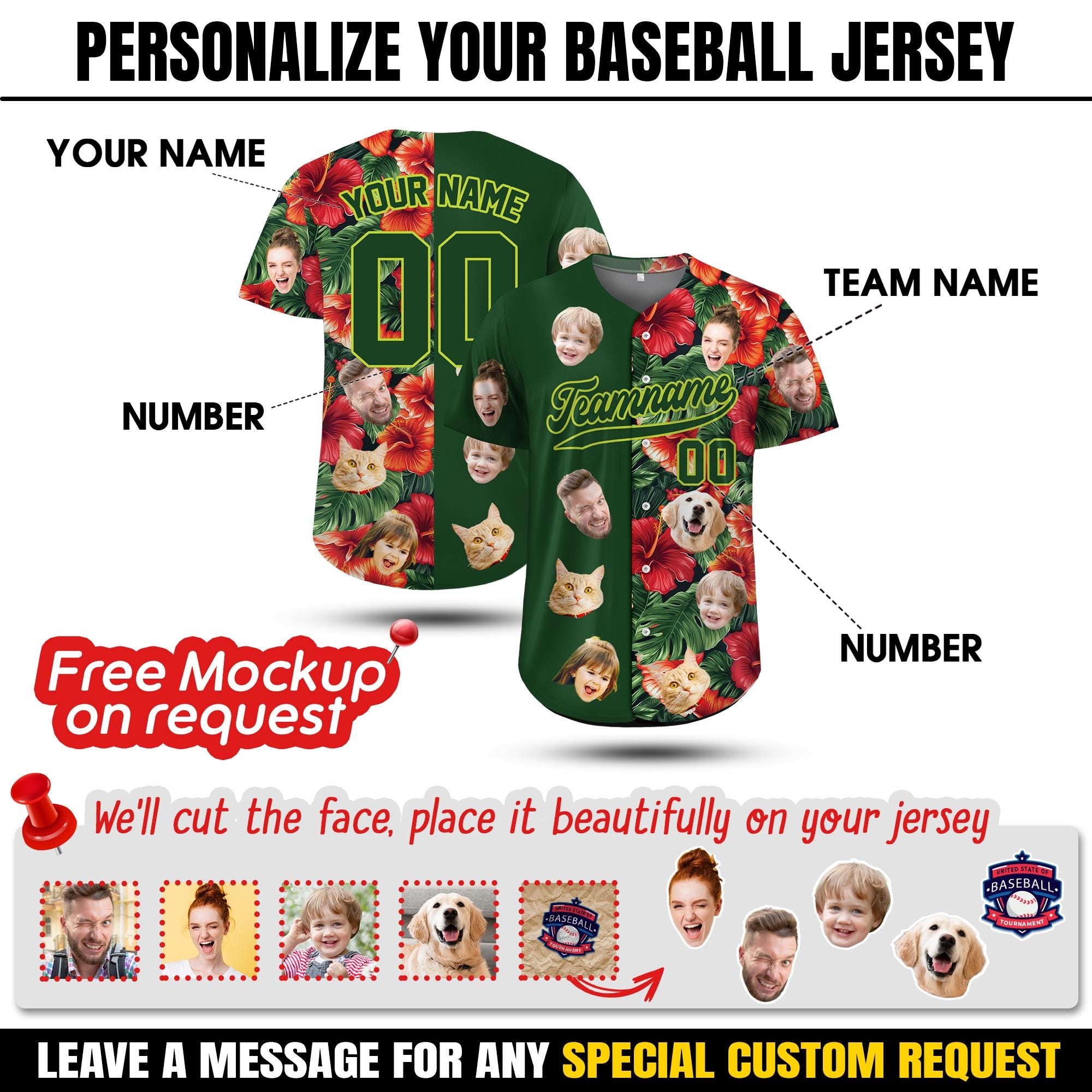 Custom Hawaiian Baseball Jersey with photo, Personalized Hawaii Hibiscus Floral Shirt for Men Women Youth Preschool Family Matching Shirt