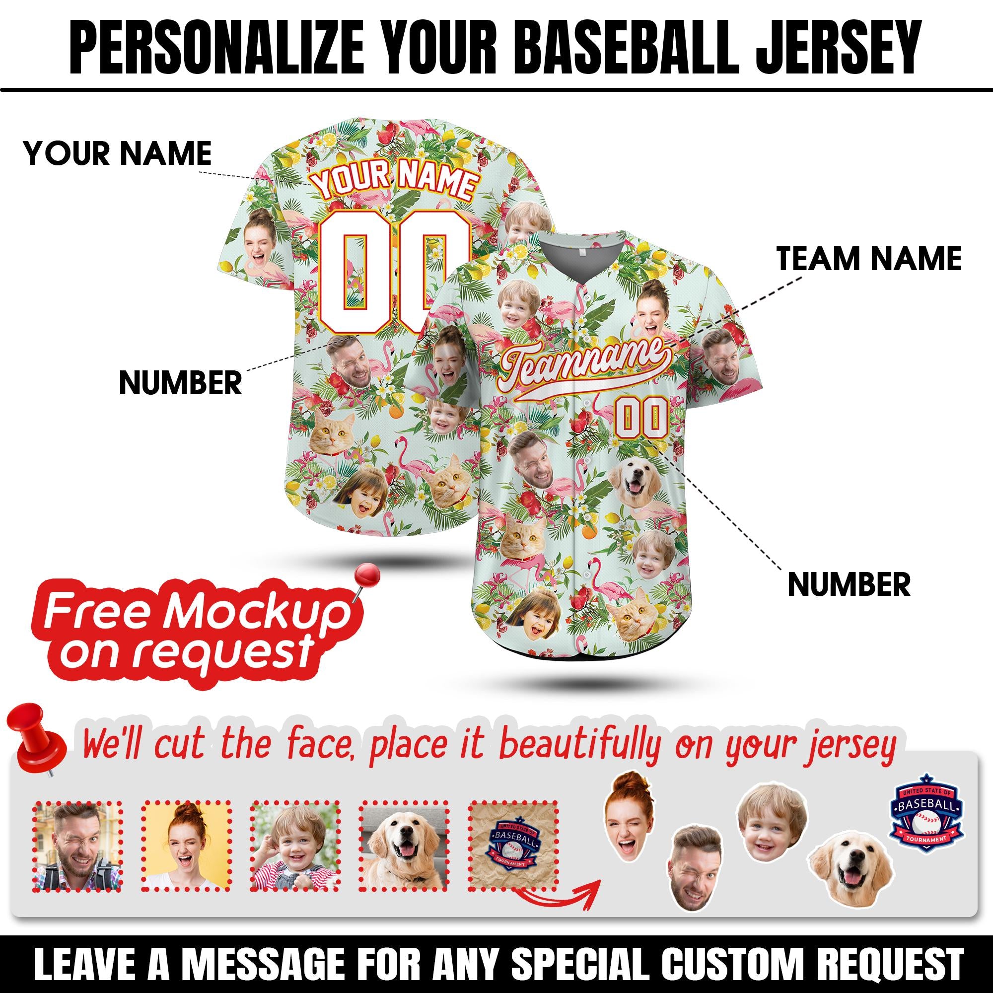 Personalized Hawaiian Baseball Jersey with Face Tropical Shirt Custom Baseball Jersey Shirt for Adult Youth Kid in Vacation Flamingo Fruits