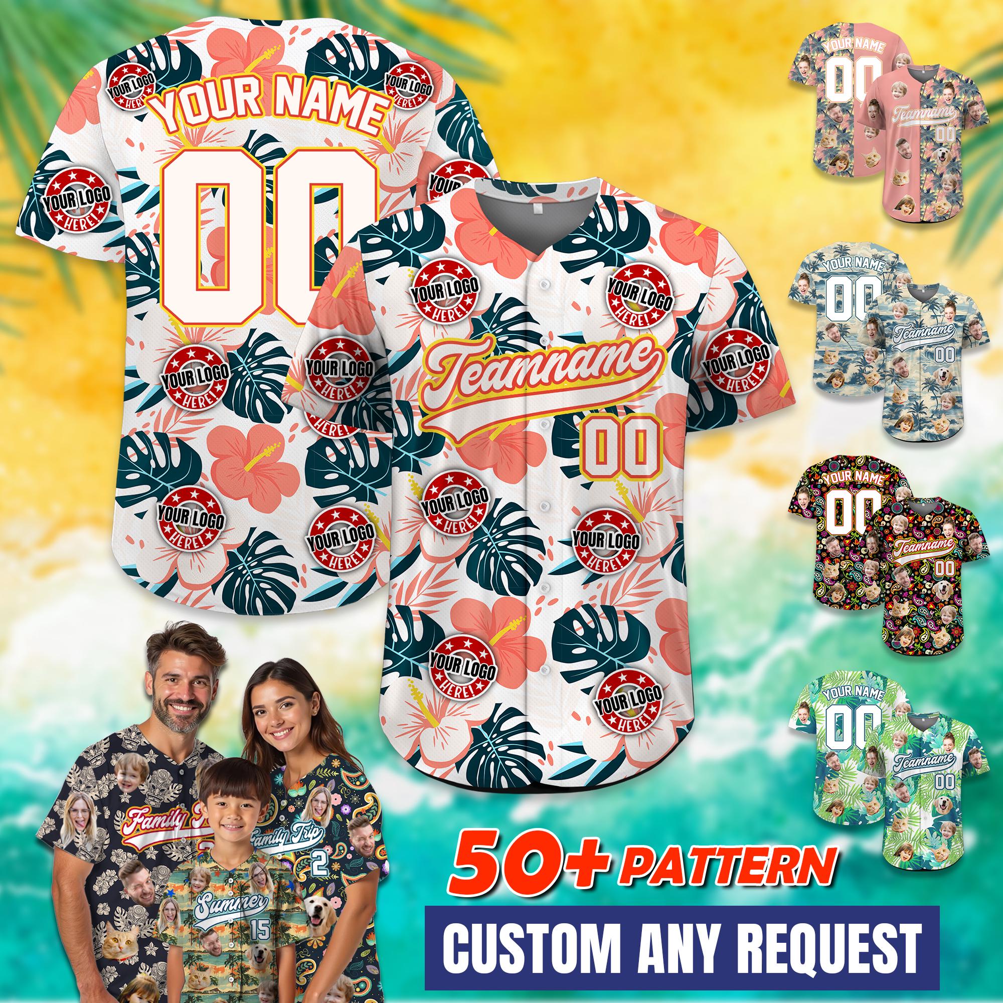 Custom Hawaiian Baseball Jersey with Logo, Personalized Logo Baseball Shirt for Adult Kid Picture Hawaiian Shirt for Summer Beach Party