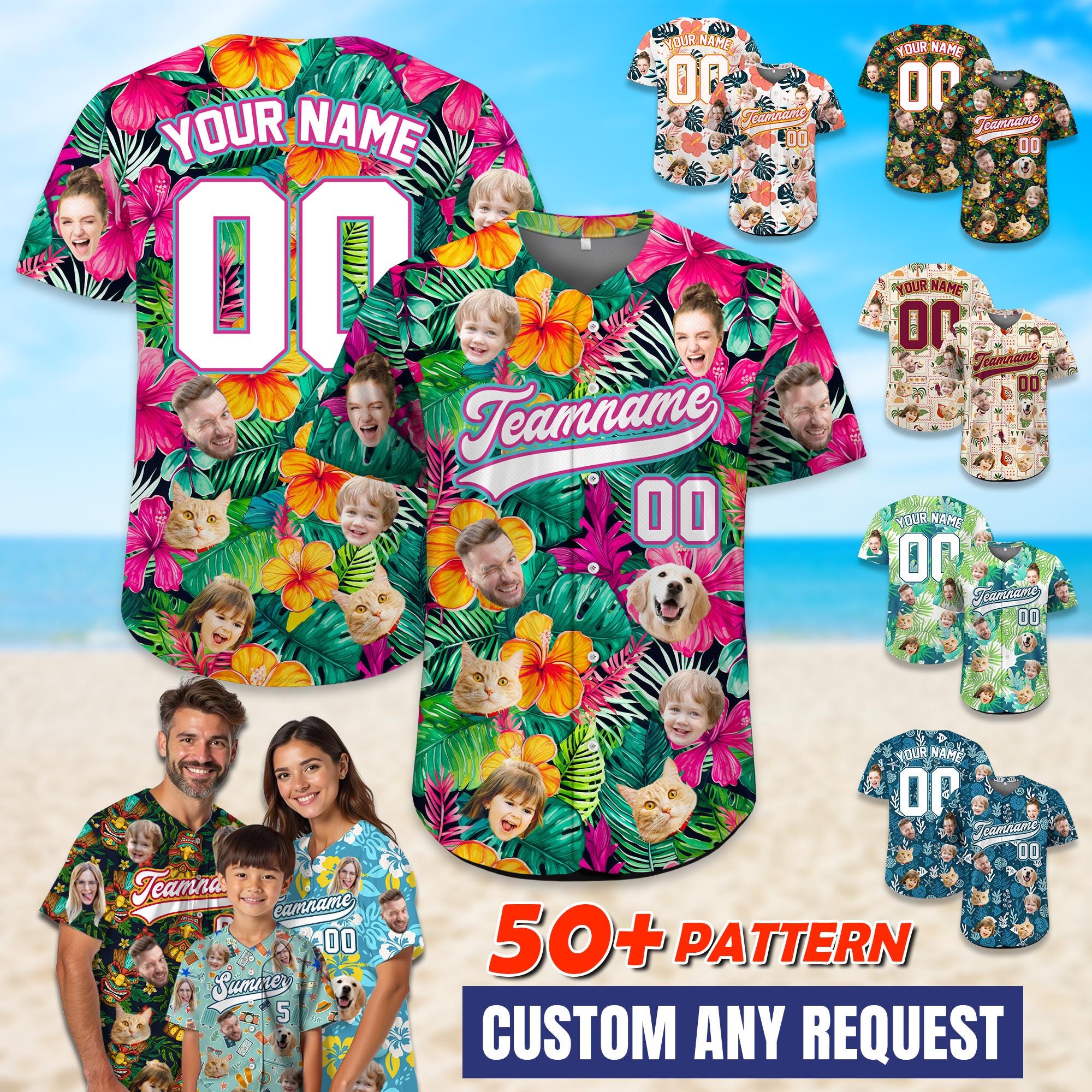 Tropical Custom Face Baseball Jersey Hawaiian Shirt for Summer Vibes Matching Friends Outfit Bachelor Party Shirt Gift for Couple Family