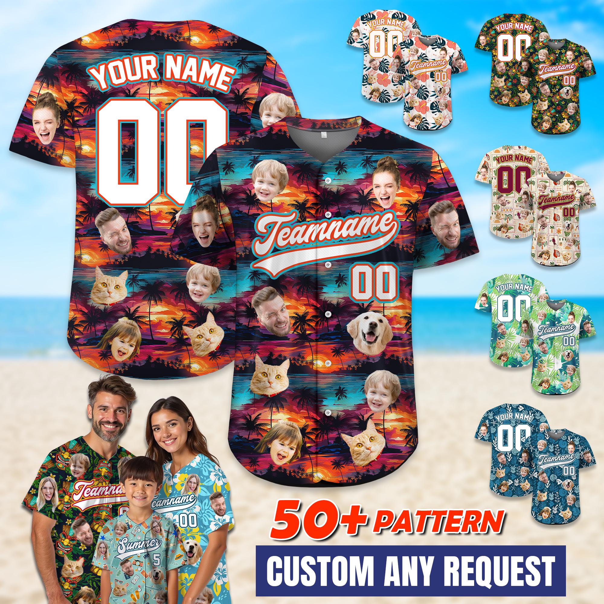 Personalized Face Hawaiian Baseball Jersey for Men Women Youth Kid, Custom Hawaiian Jersey With Pet Photo, Holiday Tropical Pattern Shirt