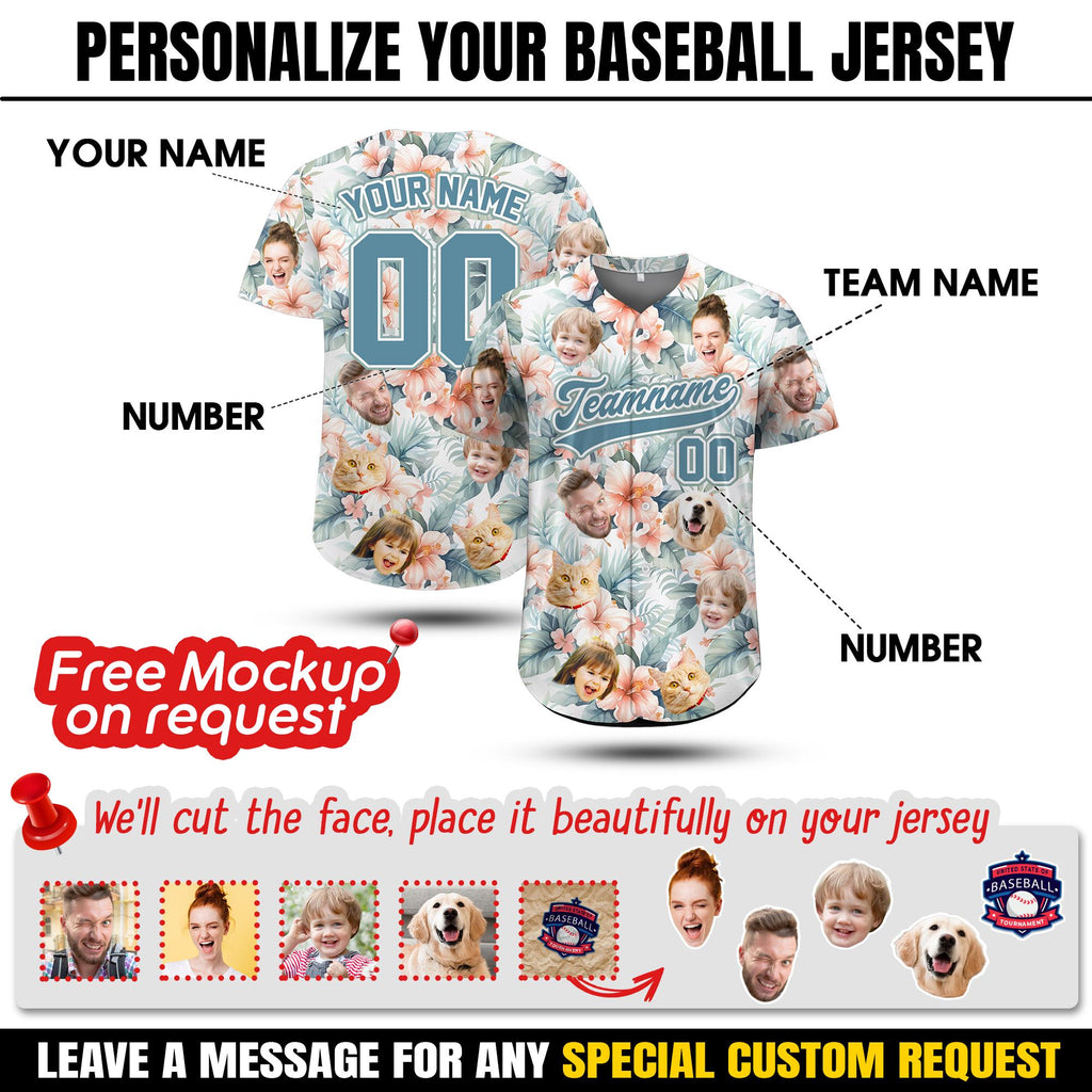 Personalized Hawaiian Baseball Jersey for Men Women Youth Kid, Custom Hawaiian Jersey With Face Pet Photo, Vacation Tropical Hawaii Shirt