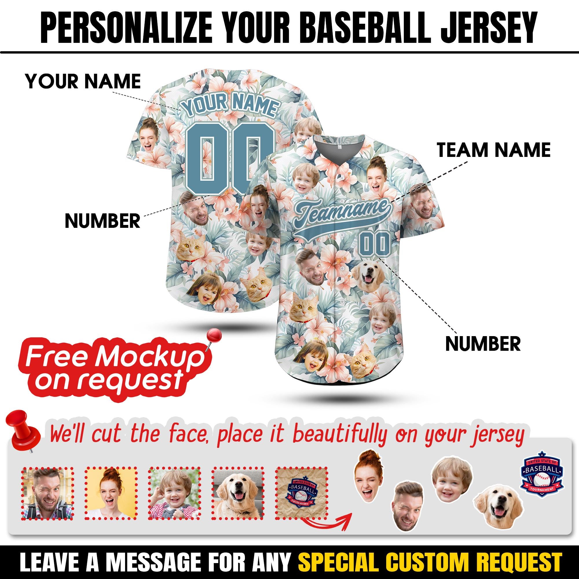 Personalized Hawaiian Baseball Jersey for Men Women Youth Kid, Custom Hawaiian Jersey With Face Pet Photo, Vacation Tropical Hawaii Shirt