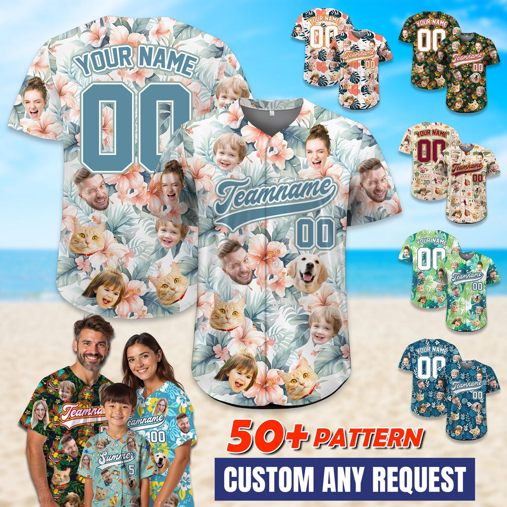 Personalized Hawaiian Baseball Jersey for Men Women Youth Kid, Custom Hawaiian Jersey With Face Pet Photo, Vacation Tropical Hawaii Shirt