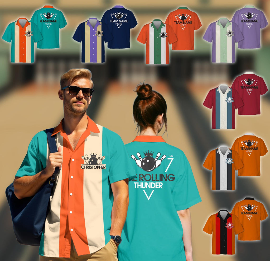 Custom Retro Bowling Shirts for Men Vintage Short Sleeve Button Down Casual Shirts for Adult Kid Bowling Team Uniform Bowling Hawaiian Shirt