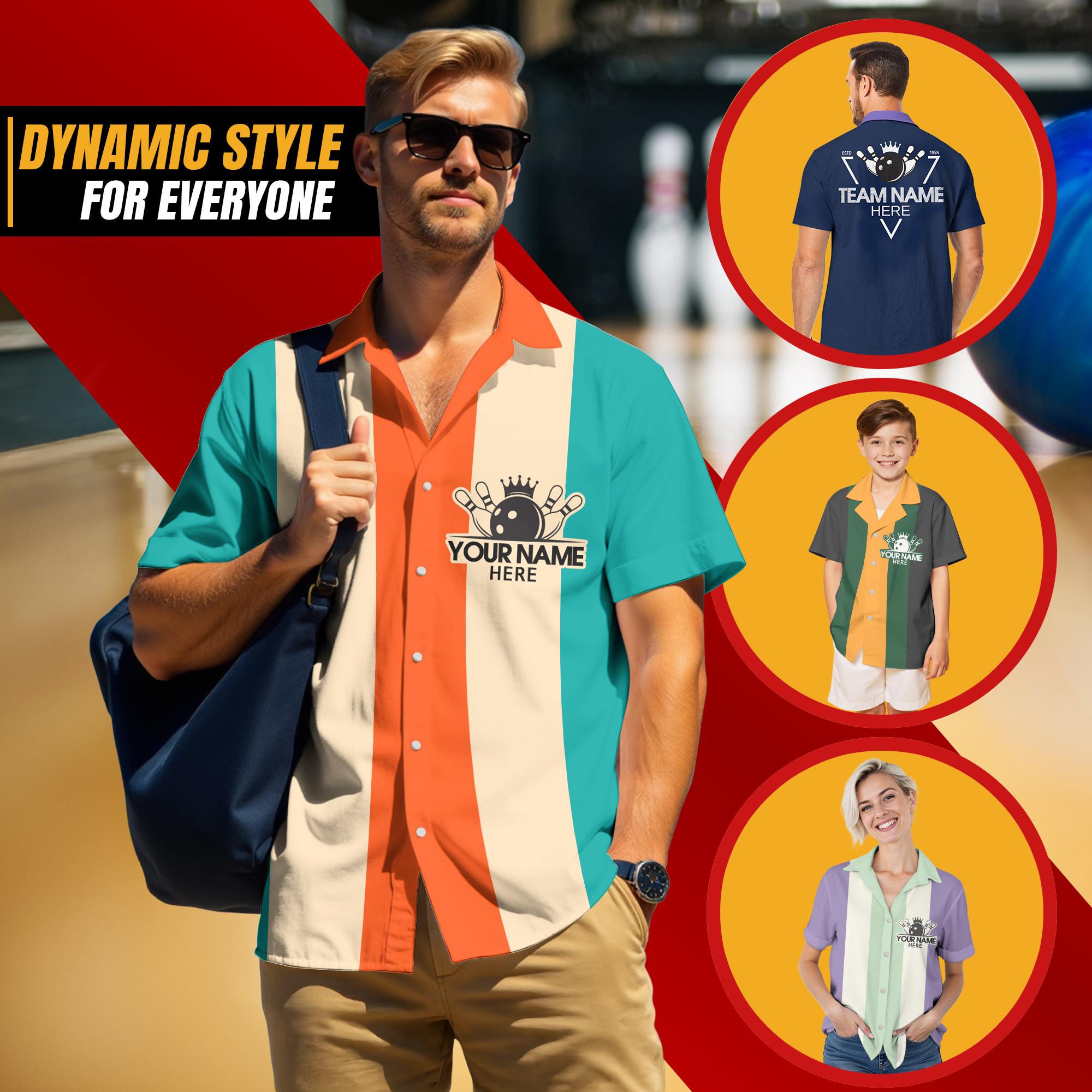 Custom Retro Bowling Shirts for Men Vintage Short Sleeve Button Down Casual Shirts for Adult Kid Bowling Team Uniform Bowling Hawaiian Shirt