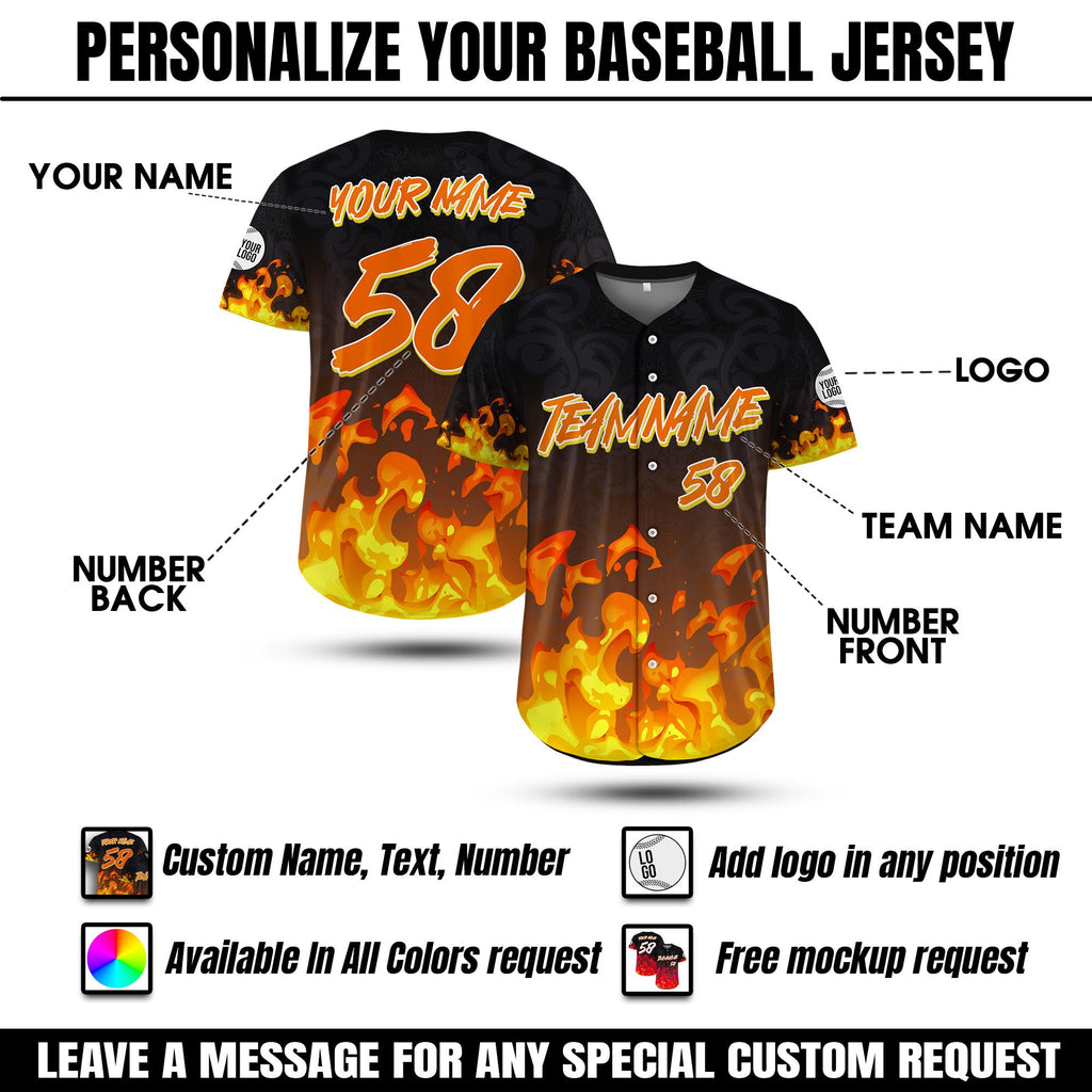 Custom Flame Baseball Jersey for Men Women Youth Personalized Streetwear Jersey for Men, Hip Hop Outfit, Flame Graphic Tee Gift for Him