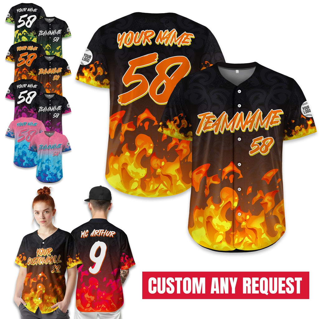 Custom Flame Baseball Jersey for Men Women Youth Personalized Streetwear Jersey for Men, Hip Hop Outfit, Flame Graphic Tee Gift for Him