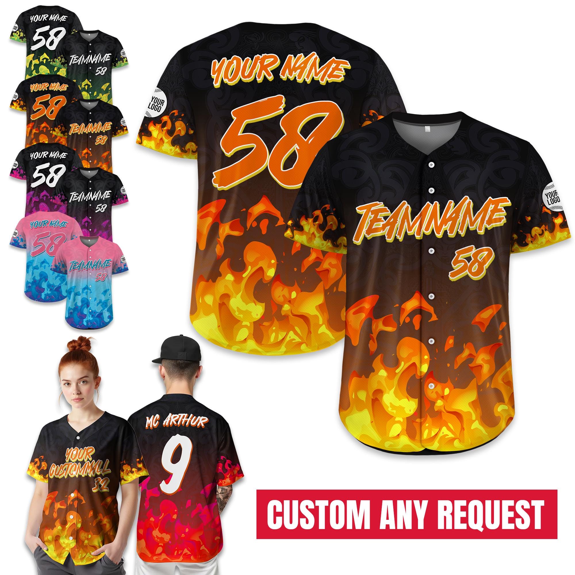 Custom Flame Baseball Jersey for Men Women Youth Personalized Streetwear Jersey for Men, Hip Hop Outfit, Flame Graphic Tee Gift for Him