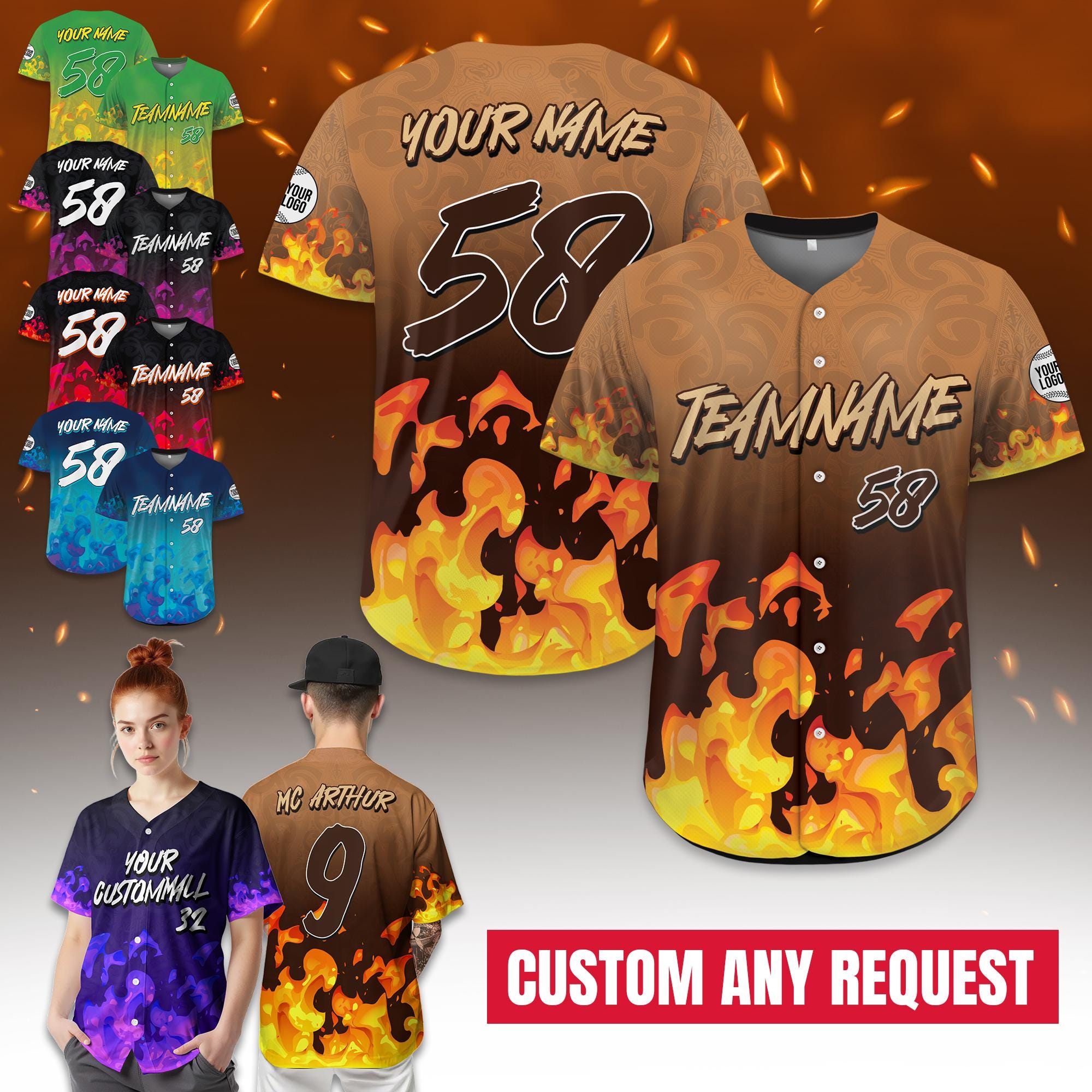 Custom Name Flame Baseball Jersey Personalized Streetwear Jersey for Men, Concert Jersey Flame Graphic Button Down Jersey Baseball Fan Gifts