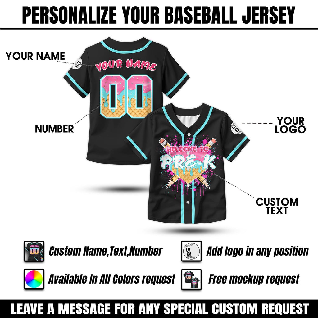 Personalized Ice Cream Drip First day of school Baseball Jersey for Kids, Custom Back To School Cute School Shirt First Day of School