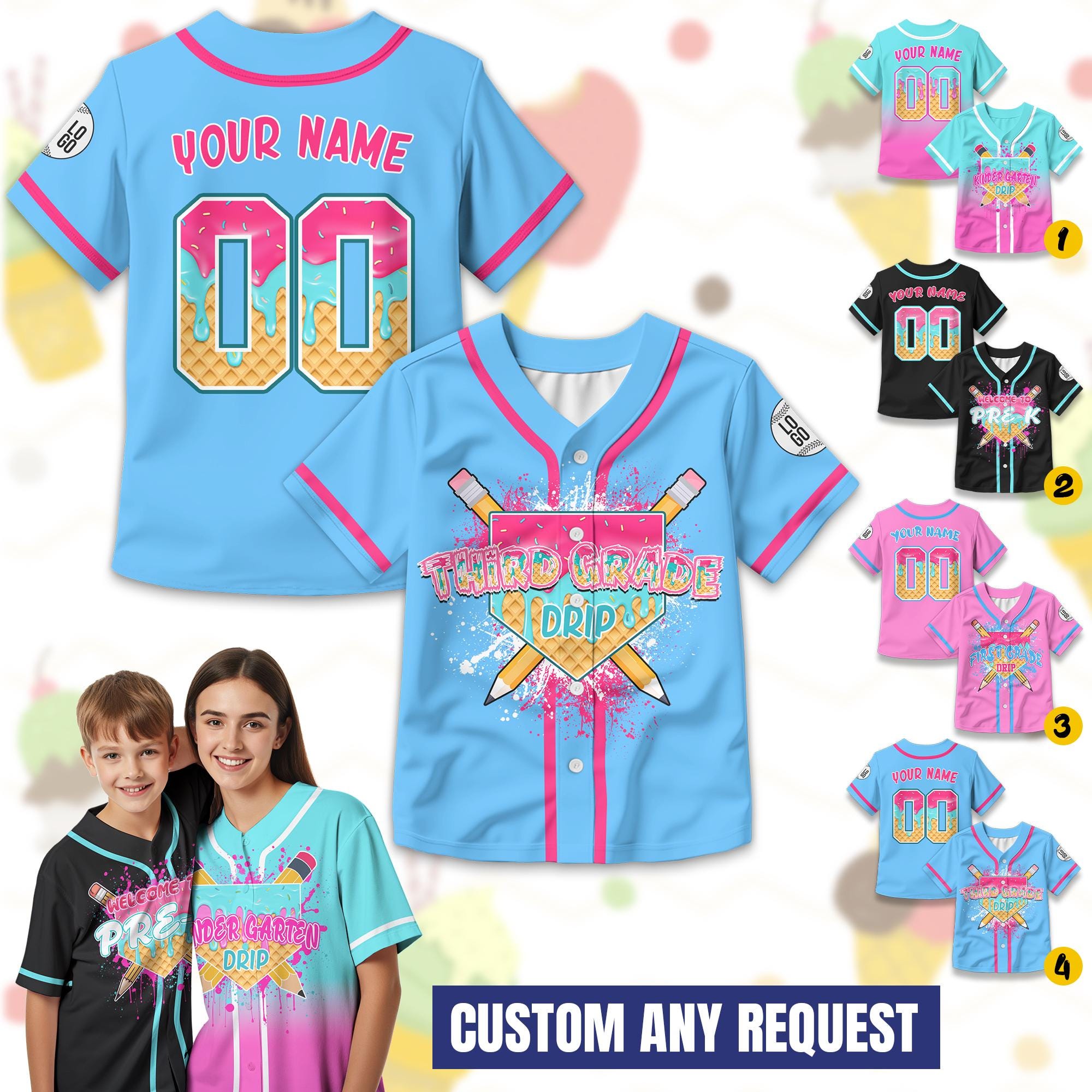 Personalized Ice Cream Drip Kids Back to School Baseball Jersey, Custom Kids School Shirt First Day of School Jersey, Cute School Shirt