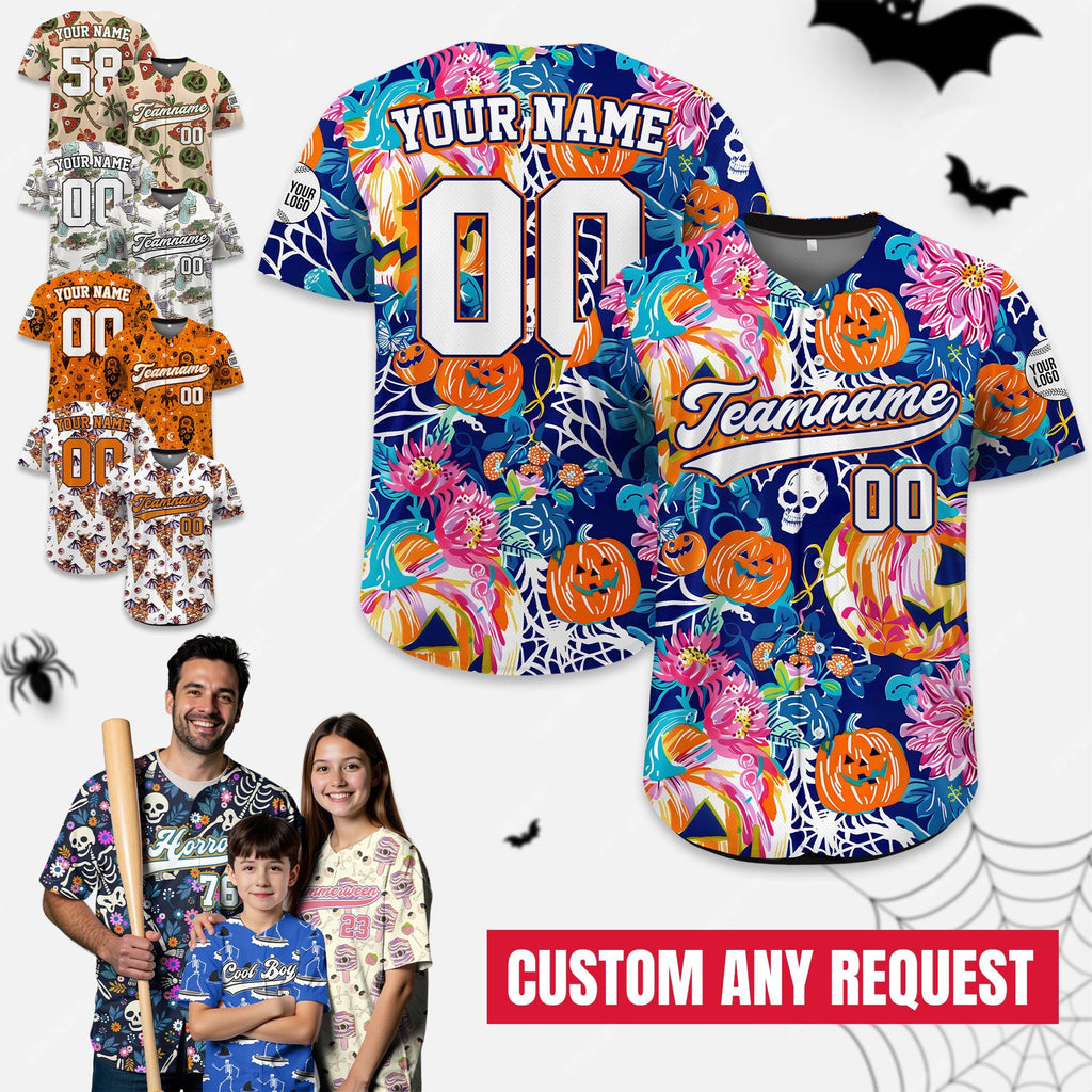 Custom Summerween Summer Halloween Hawaiian Baseball Jersey, Personalized Summer Skeleton Ghost Baseball Jersey, Halloween Skeleton Shirt