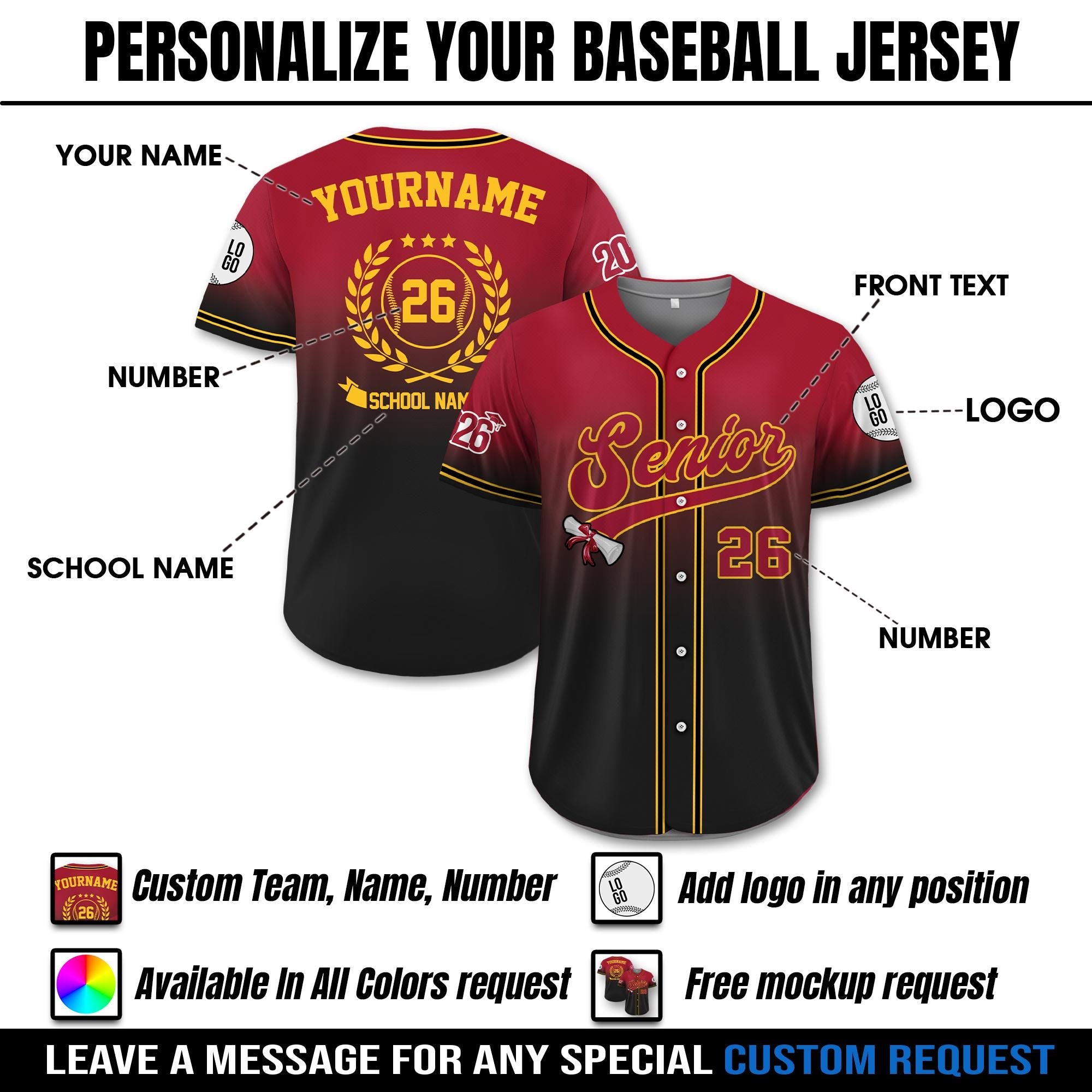 Custom Senior 2026 Baseball Jersey For Men Women Youth Kid, Personalized Graduation Shirt - College High School Senior, Class of 2026 Shirt