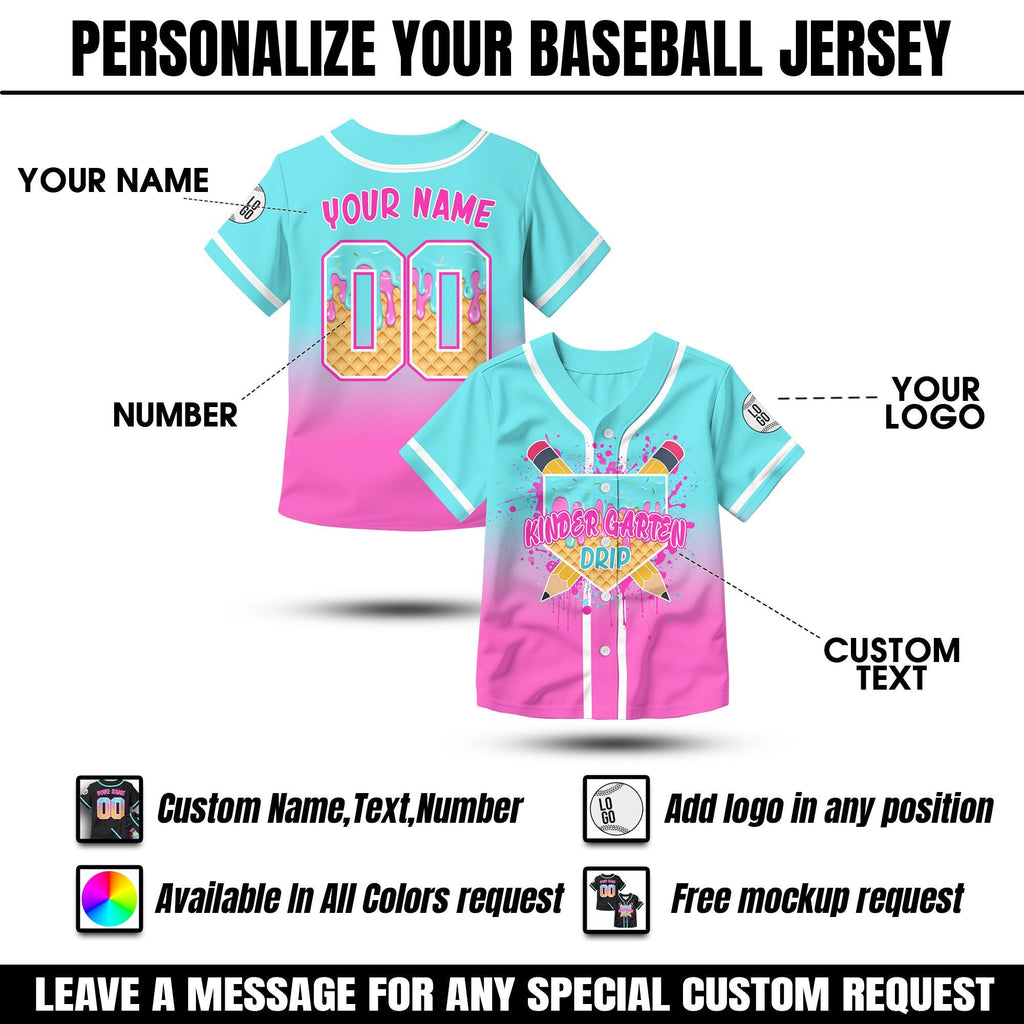 Personalized Ice Cream Drip Back To School Baseball Jersey for Kids, Custom First Day Of School Trendy Kids Shirt Baseball Jersey Kid Gifts