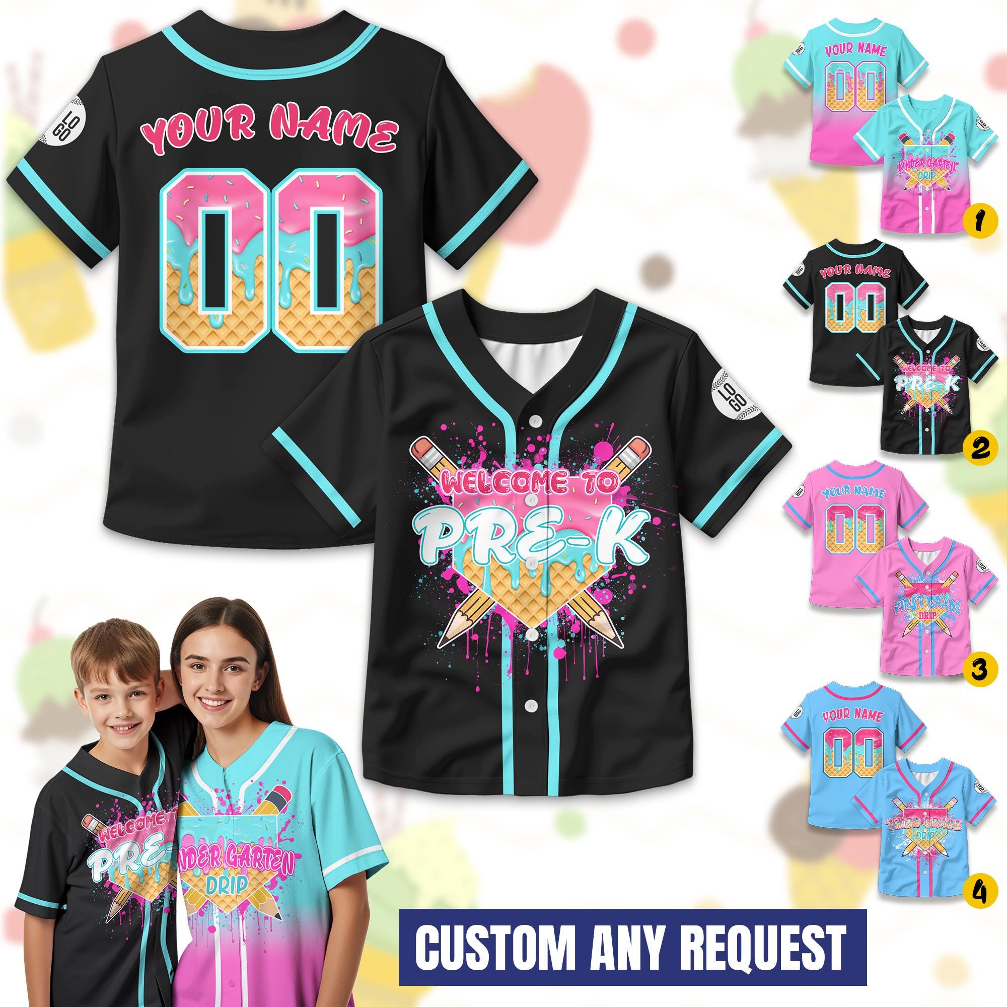 Personalized Ice Cream Drip First day of school Baseball Jersey for Kids, Custom Back To School Cute School Shirt First Day of School