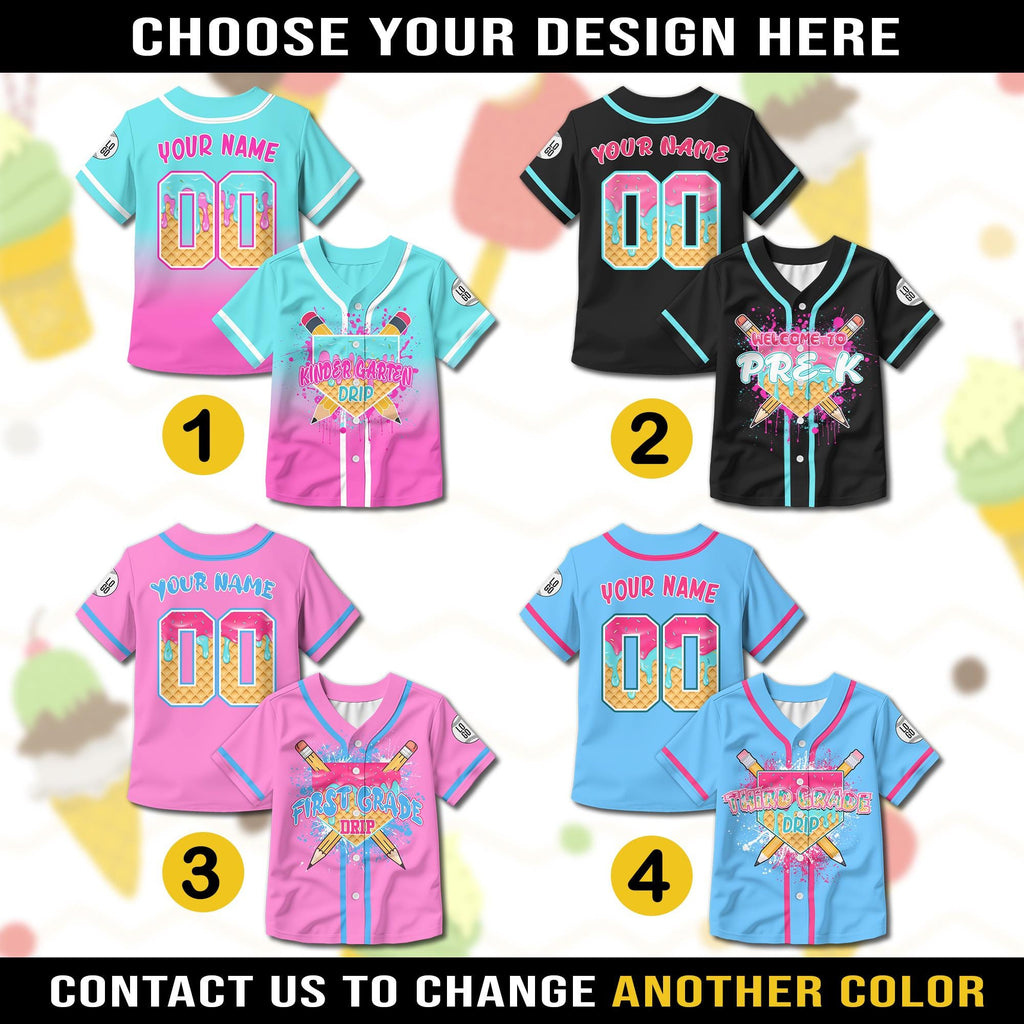 Personalized Ice Cream Drip Kids Back to School Baseball Jersey, Custom Kids School Shirt First Day of School Jersey, Cute School Shirt