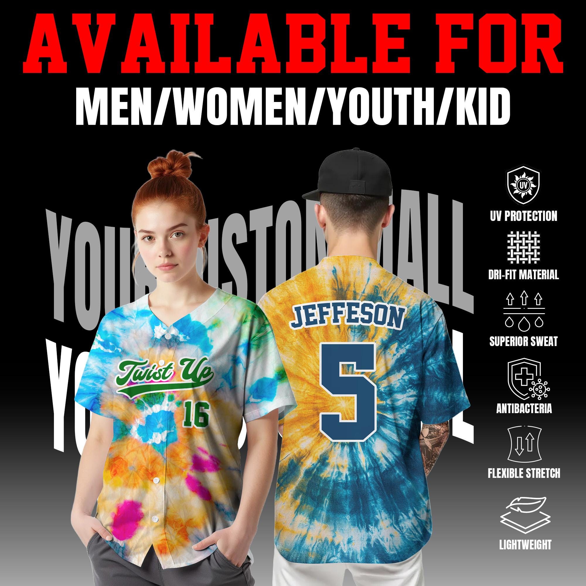 Personalized Baseball Jersey For Men Women Youth Kid, Custom Team Name Number Logo Jersey Shirt, Tye Dye Button down Shirt