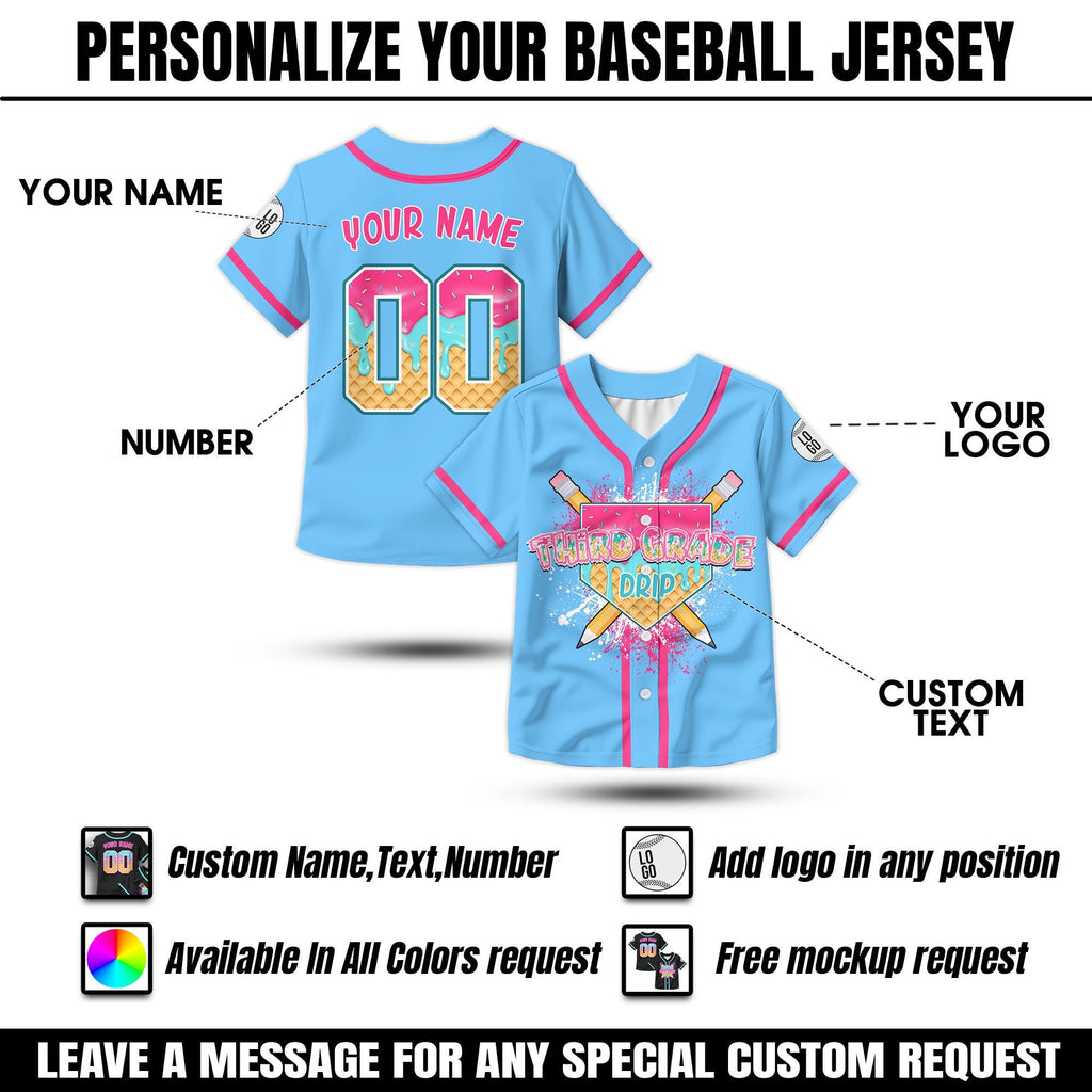 Personalized Ice Cream Drip Kids Back to School Baseball Jersey, Custom Kids School Shirt First Day of School Jersey, Cute School Shirt