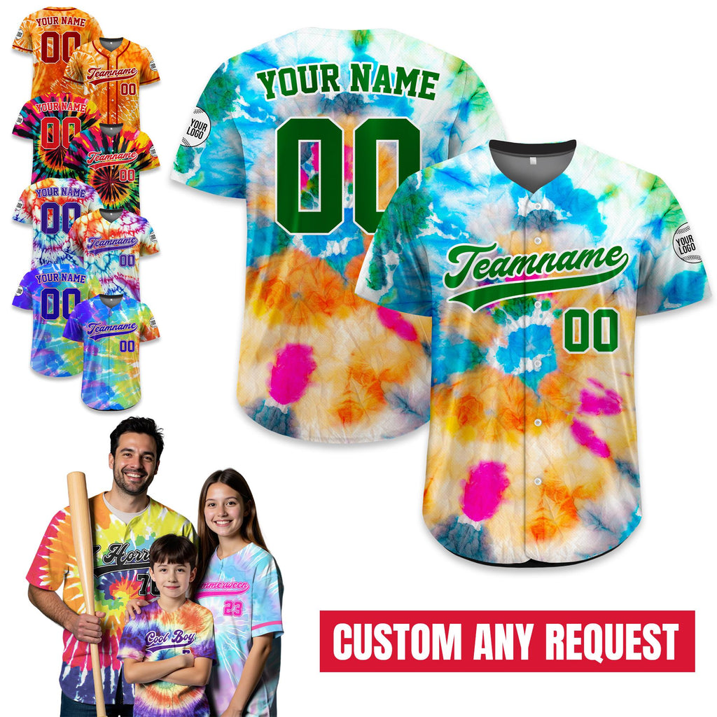Personalized Tie Dye Pattern Baseball Jersey For Adult Kid, Custom Team Name Number Logo Baseball Jersey Button Down