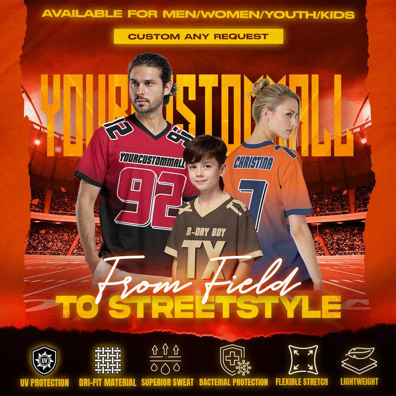 Custom Adult Youth Kids Football Jersey with Personalized Team Name number Player Team uniform Fan Jersey Concert Outfit Football Game Day