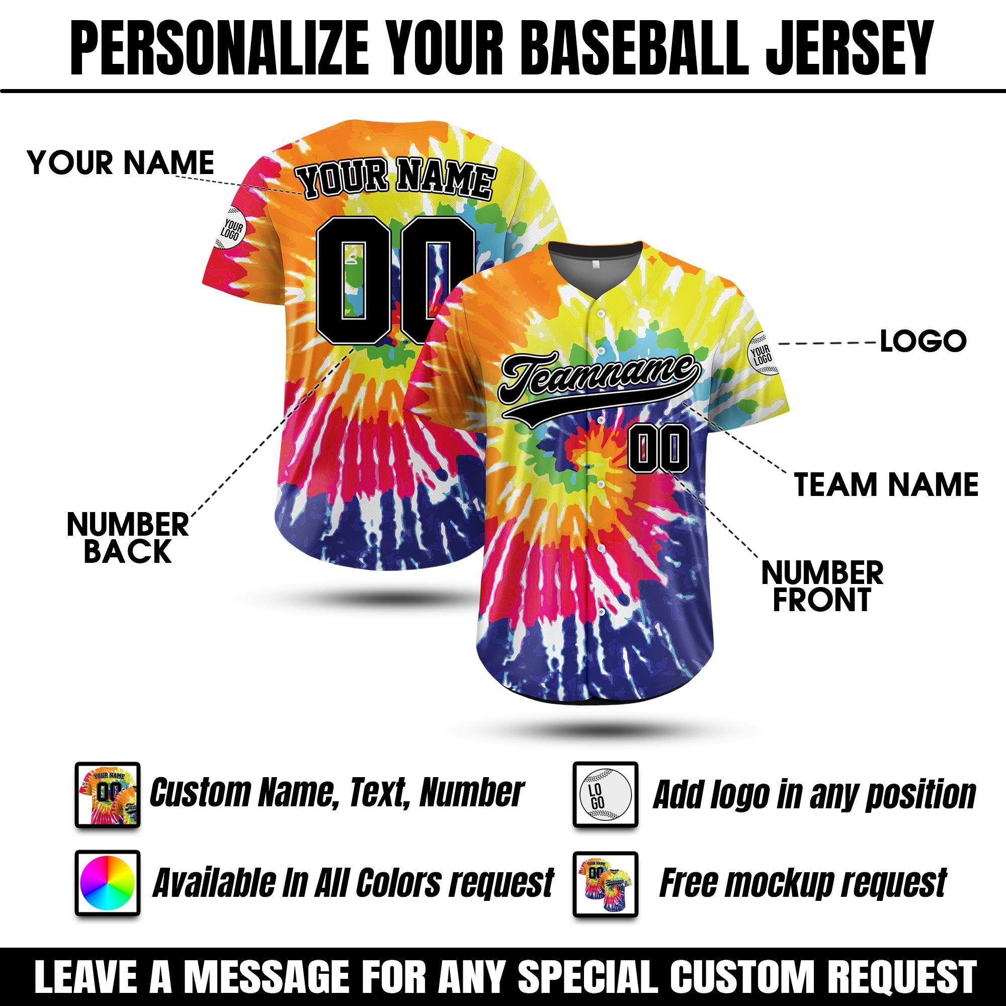 Personalized Baseball Jersey For Men Women Youth Kid, Custom Team Name Number Logo Jersey Shirt, Tye Dye Button down Shirt
