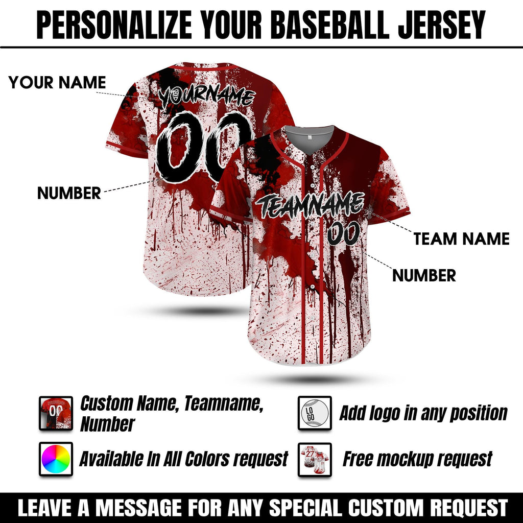 Personalize Blood Splatter Baseball Jersey for Men Women Youth Kid, Custom Halloween Party Jersey For Baseball Team Creepy Halloween Gift