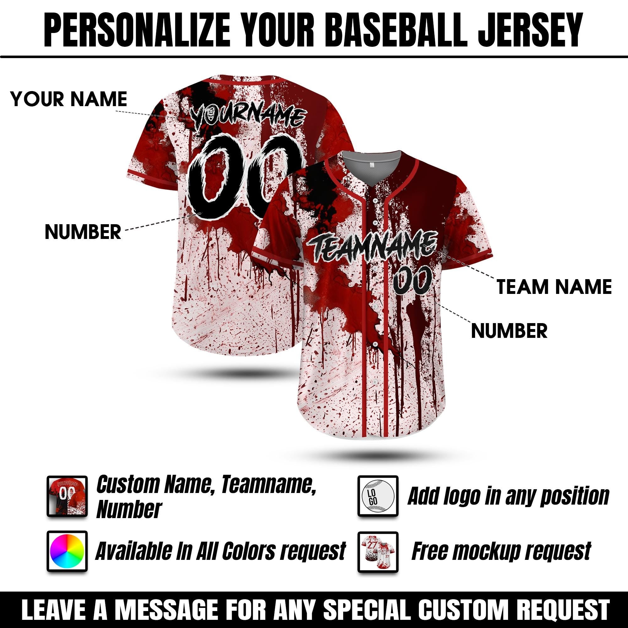 Personalize Blood Splatter Baseball Jersey for Men Women Youth Kid, Custom Halloween Party Jersey For Baseball Team Creepy Halloween Gift