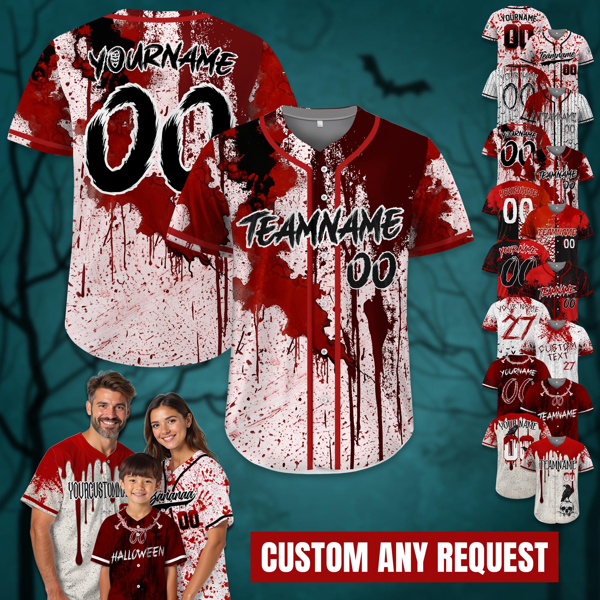 Personalize Blood Splatter Baseball Jersey for Men Women Youth Kid, Custom Halloween Party Jersey For Baseball Team Creepy Halloween Gift