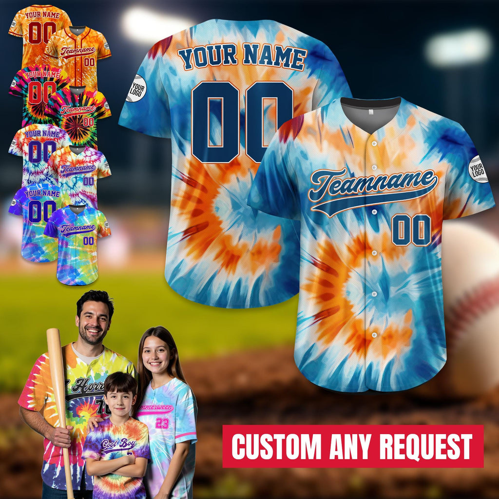 Personalized Tie-Dye Baseball Jersey For Adult Kid, Custom Team Name Number Logo Baseball Jersey Tye Dye Gift