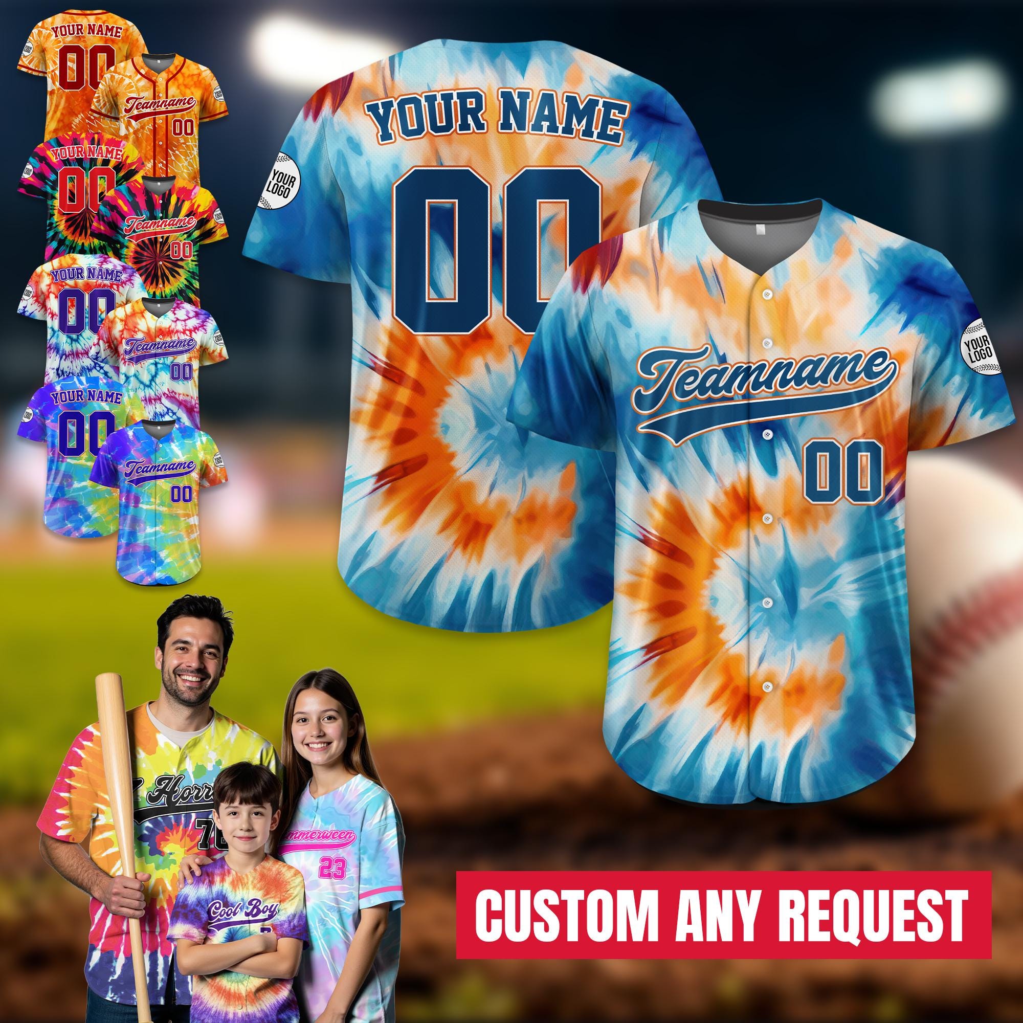 Personalized Tie-Dye Baseball Jersey For Adult Kid, Custom Team Name Number Logo Baseball Jersey Tye Dye Gift