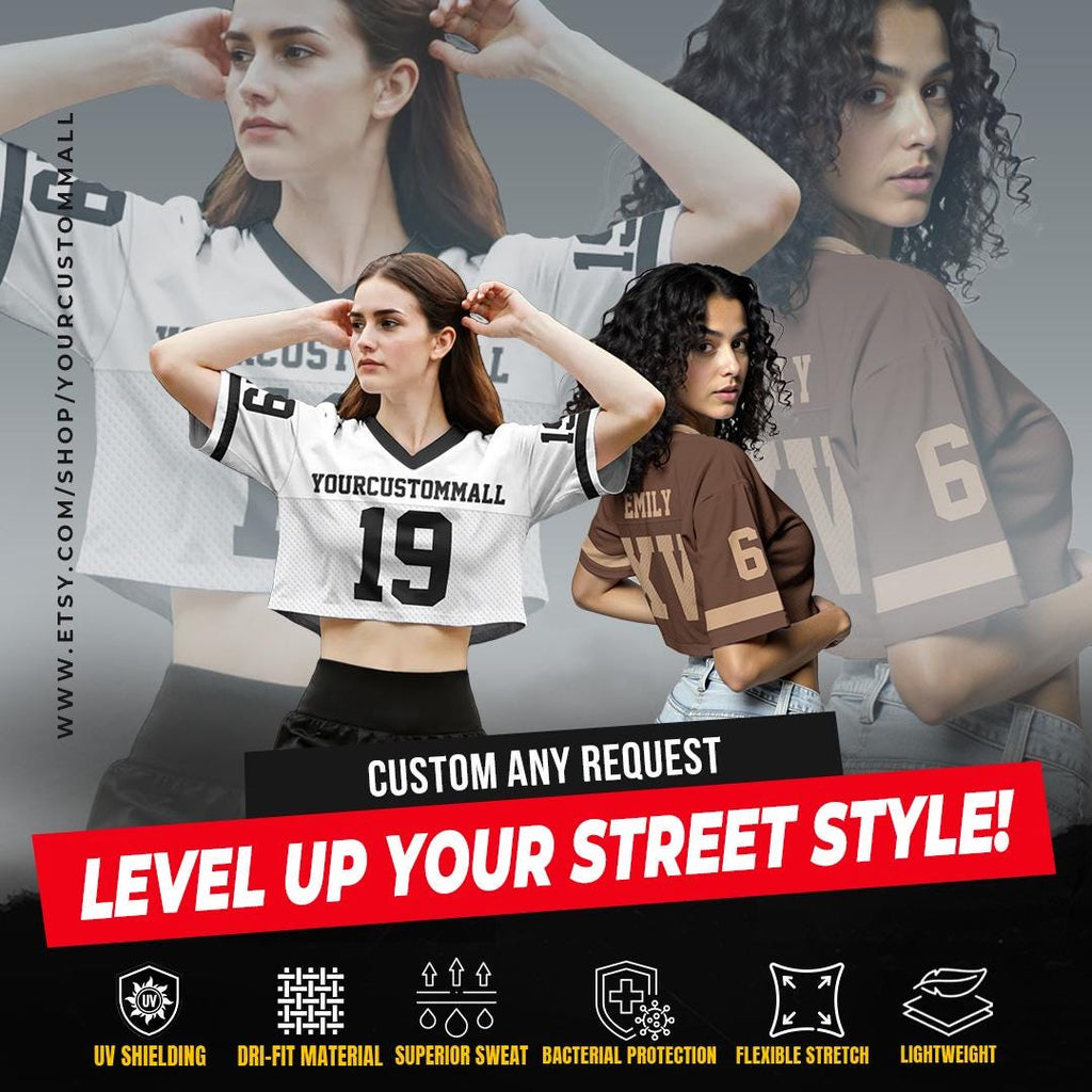 Personalized Women's Jersey Crop top, Custom Team Name Number Crop Jersey Shirt V neck, Sports Girl Outfit Hip Hop Streetwear Mesh Polyester