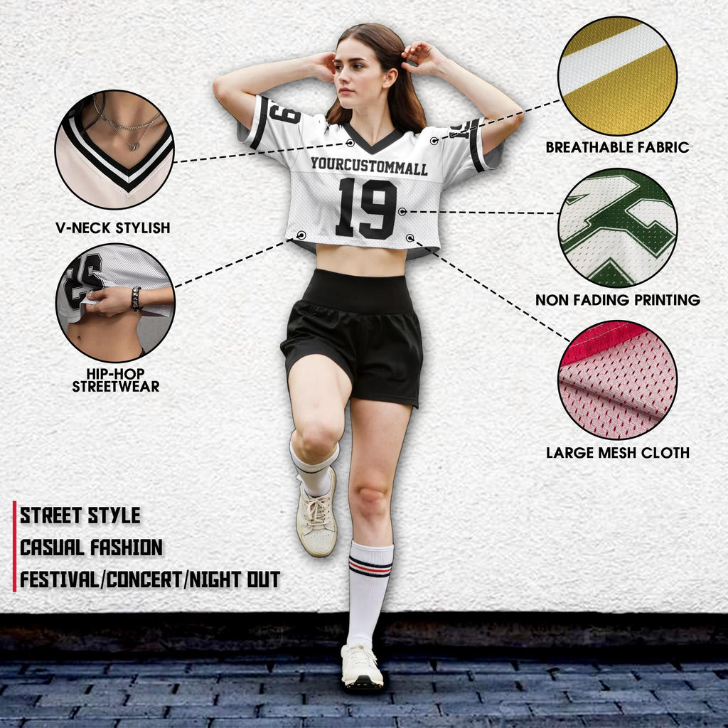 Personalized Women's Jersey Crop top, Custom Team Name Number Crop Jersey Shirt V neck, Sports Girl Outfit Hip Hop Streetwear Mesh Polyester