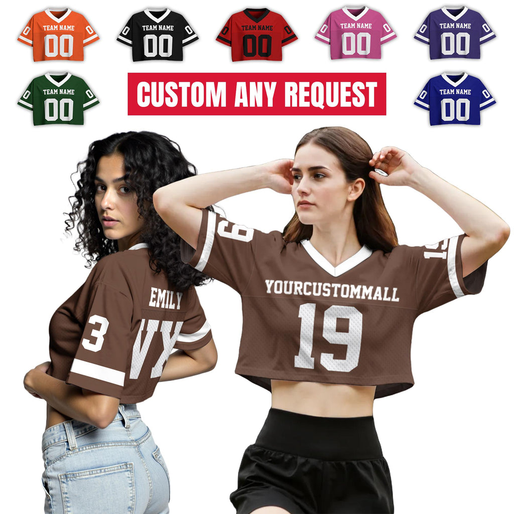 Personalized Brown Croptop Football Jersey Mesh for Girl, Custom Fan shirt Team Uniform Crop top concert shirt for women Sports Girl Outfit