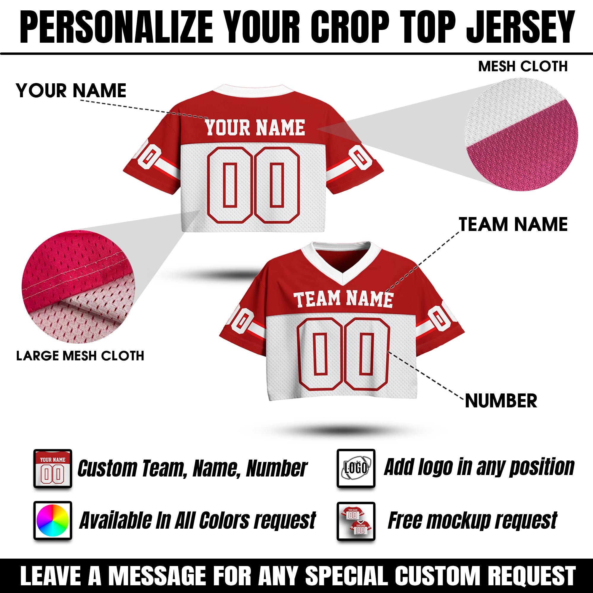 Personalize Crop Top Football Jersey for Women & Girls, Custom Team Name Number Logo Women Crop Tee, Team Sports Croptop Streetwear Shirts
