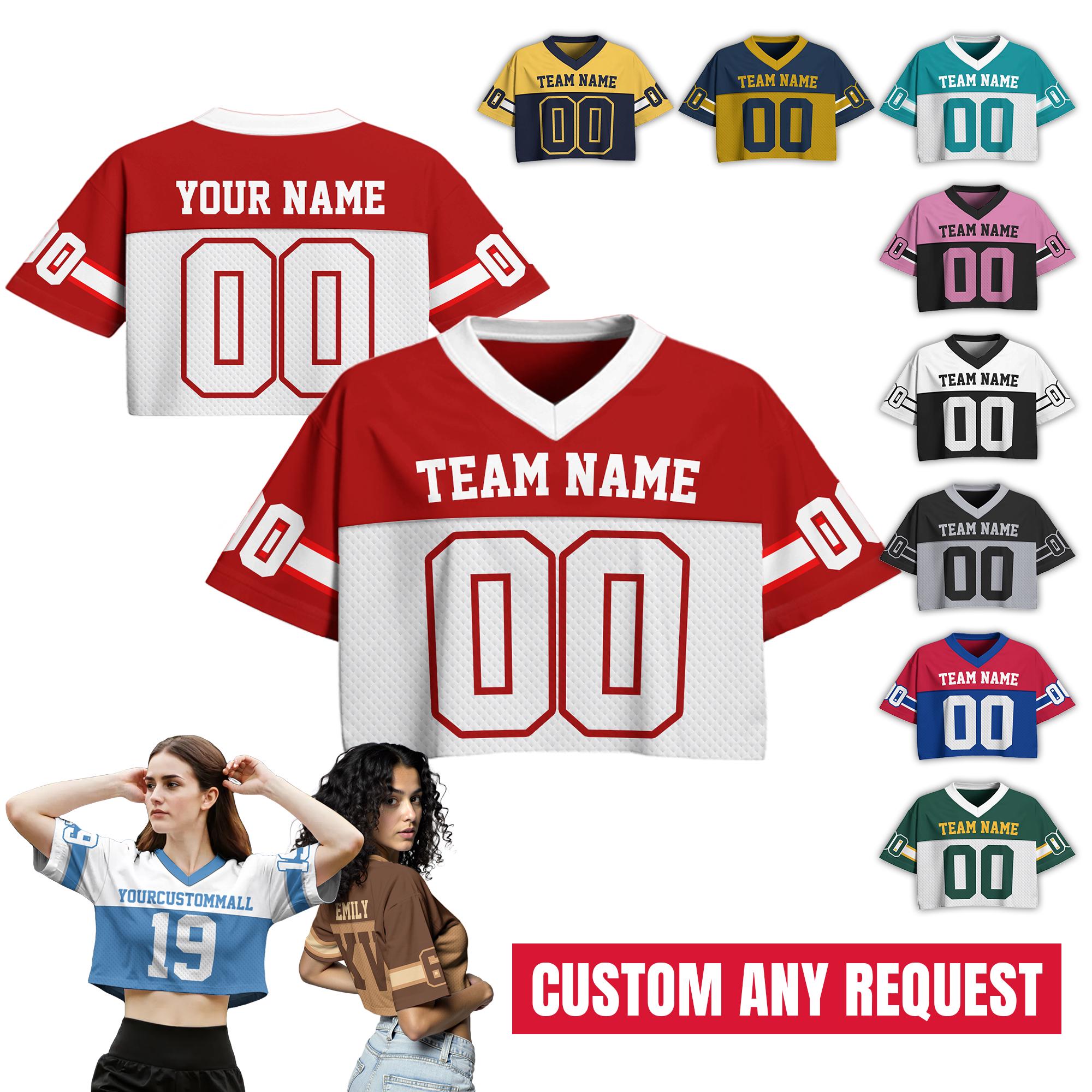 Personalize Crop Top Football Jersey for Women & Girls, Custom Team Name Number Logo Women Crop Tee, Team Sports Croptop Streetwear Shirts