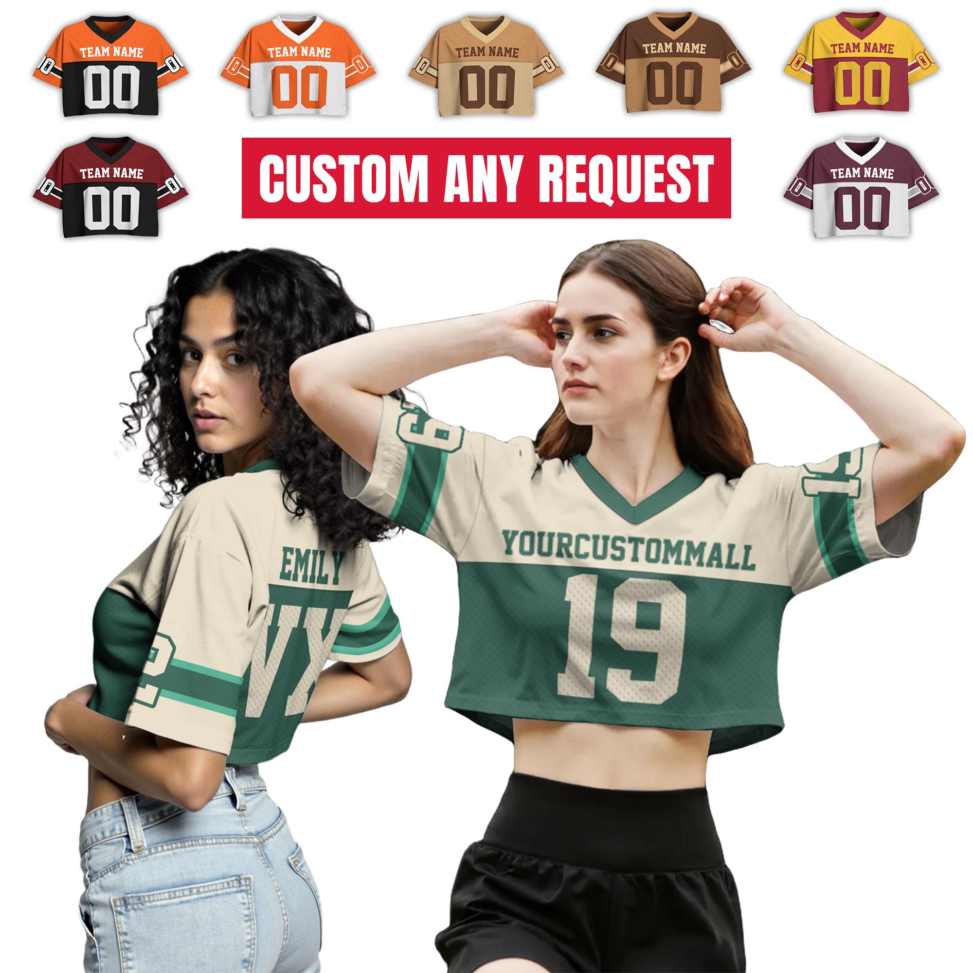 Personalize Crop Football Jersey for Women & Girls, Custom Team Name Number Logo Women, Streetwear Shirts Tour Concert Shirt Cheer Jersey