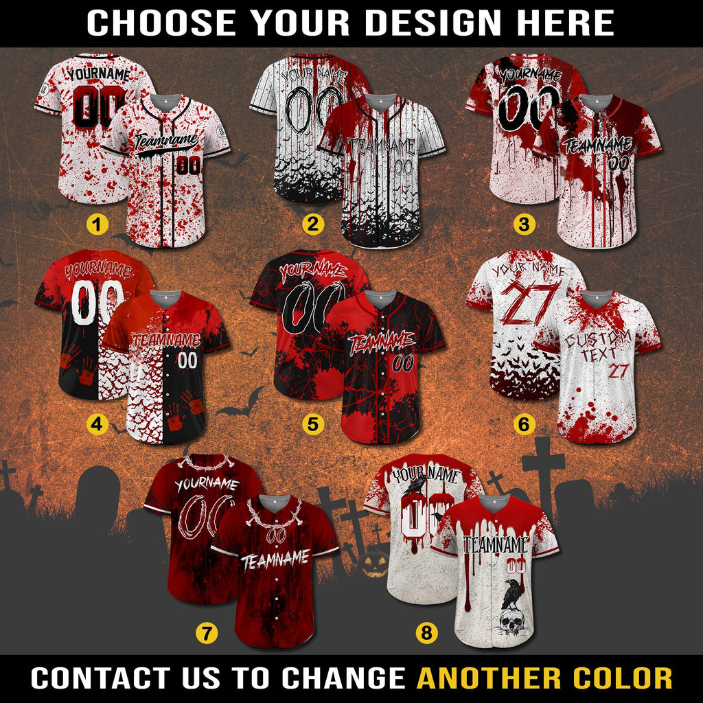 Personalize Blood Splatter Baseball Jersey for Men Women Youth Kid, Custom Halloween Party Jersey For Baseball Team Creepy Halloween Gift