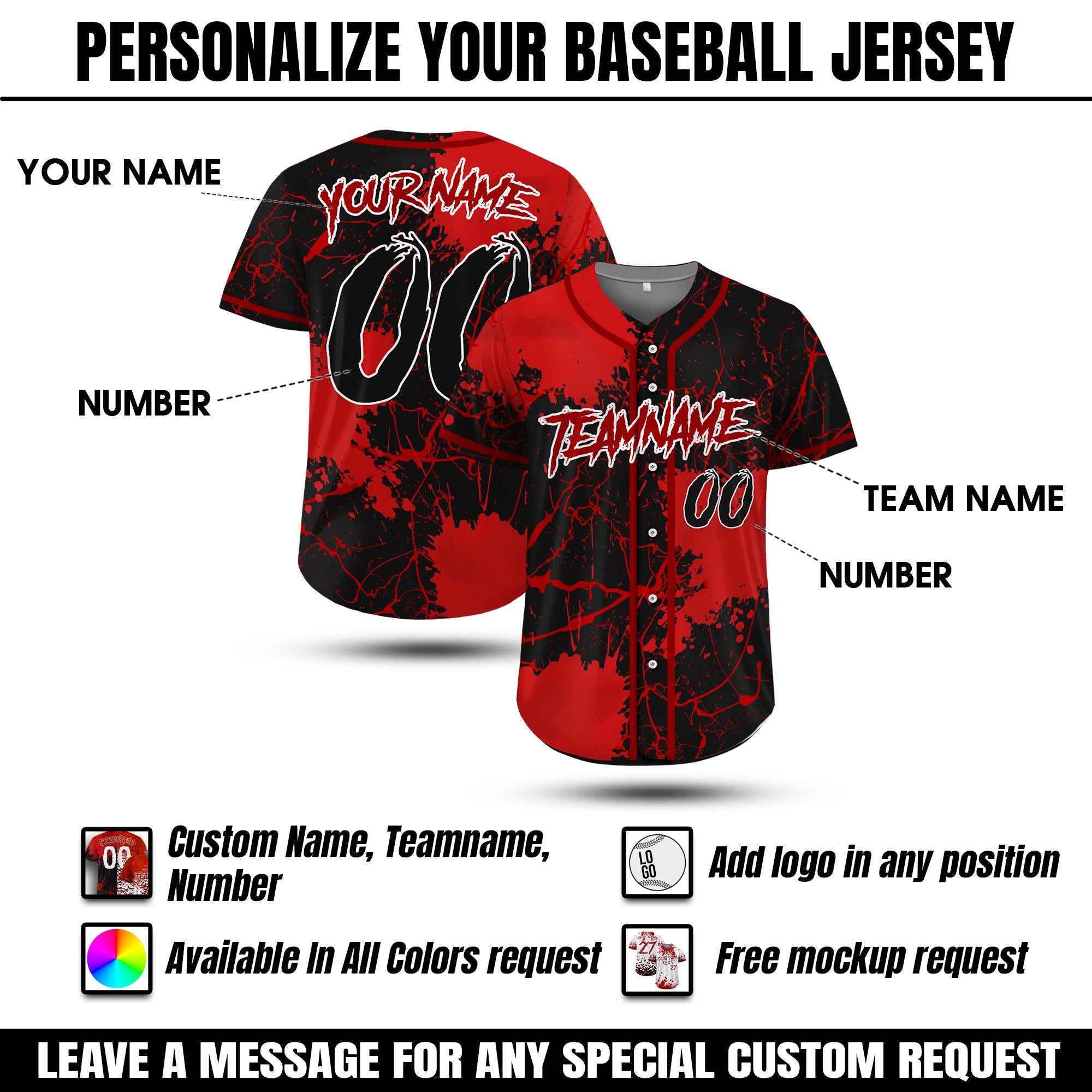 Personalize Blood Halloween Costume Baseball Jersey for Kid Youth Adult, Custom Scary Halloween Jersey Creepy Halloween Gift for Kids