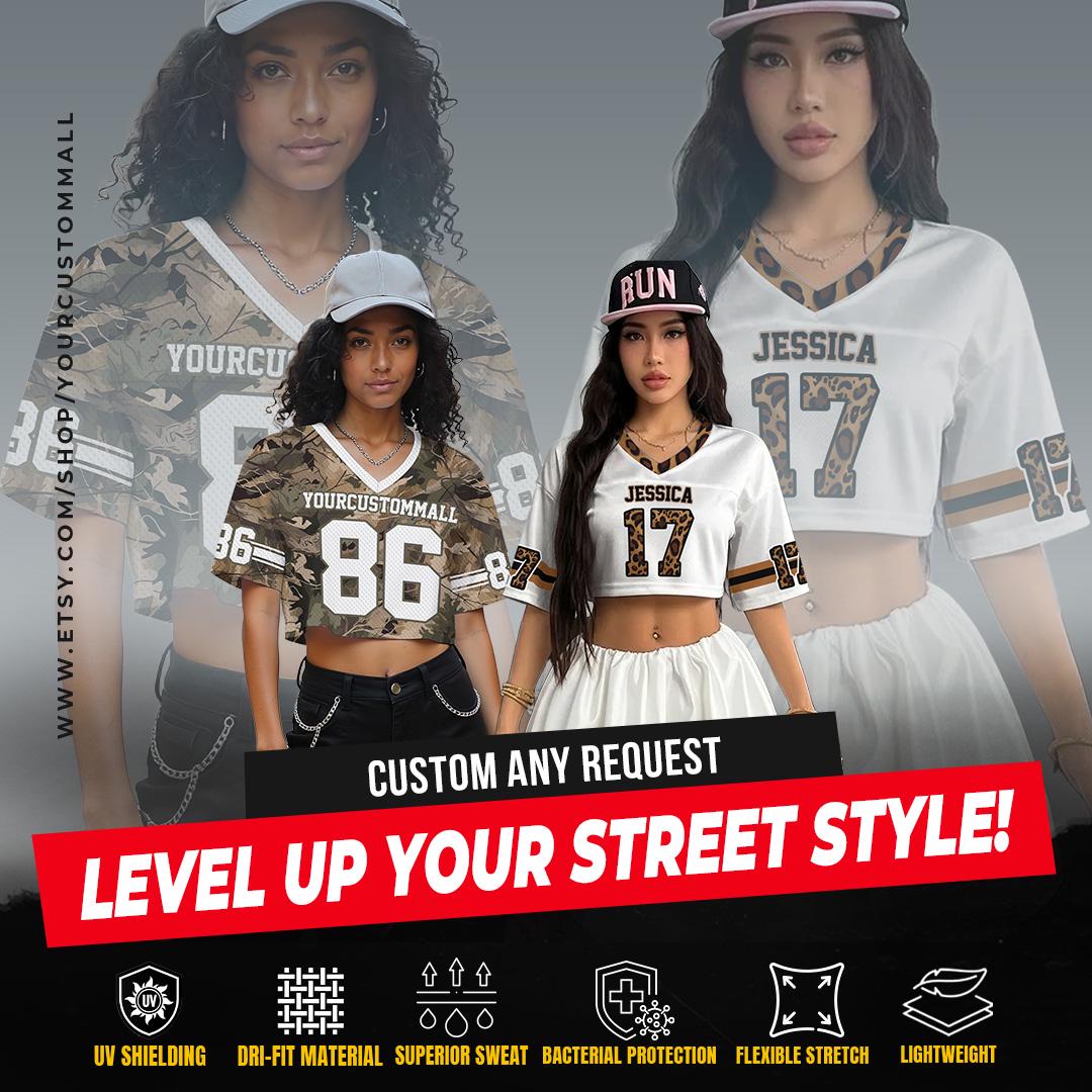 Personalized Women's Crop Top Football Jersey Custom Team Name Number Logo Women Crop Tee, Streetwear Sports Cropped Tshirt Gift for her