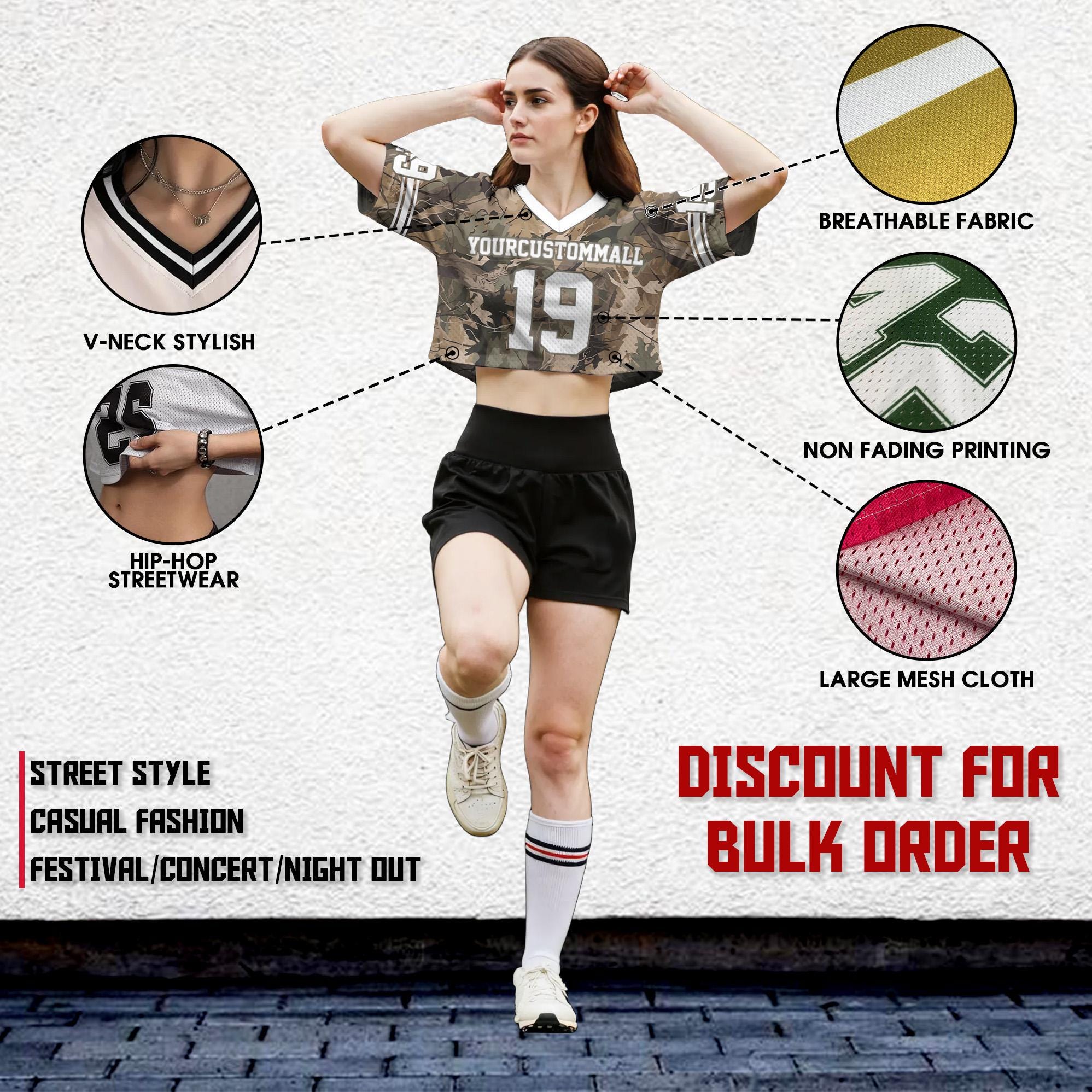 Personalized Camouflage Crop top Football Jersey, Custom Team Name Number Logo Women's Jerseys, Trendy College Outfit Street Style Shirt