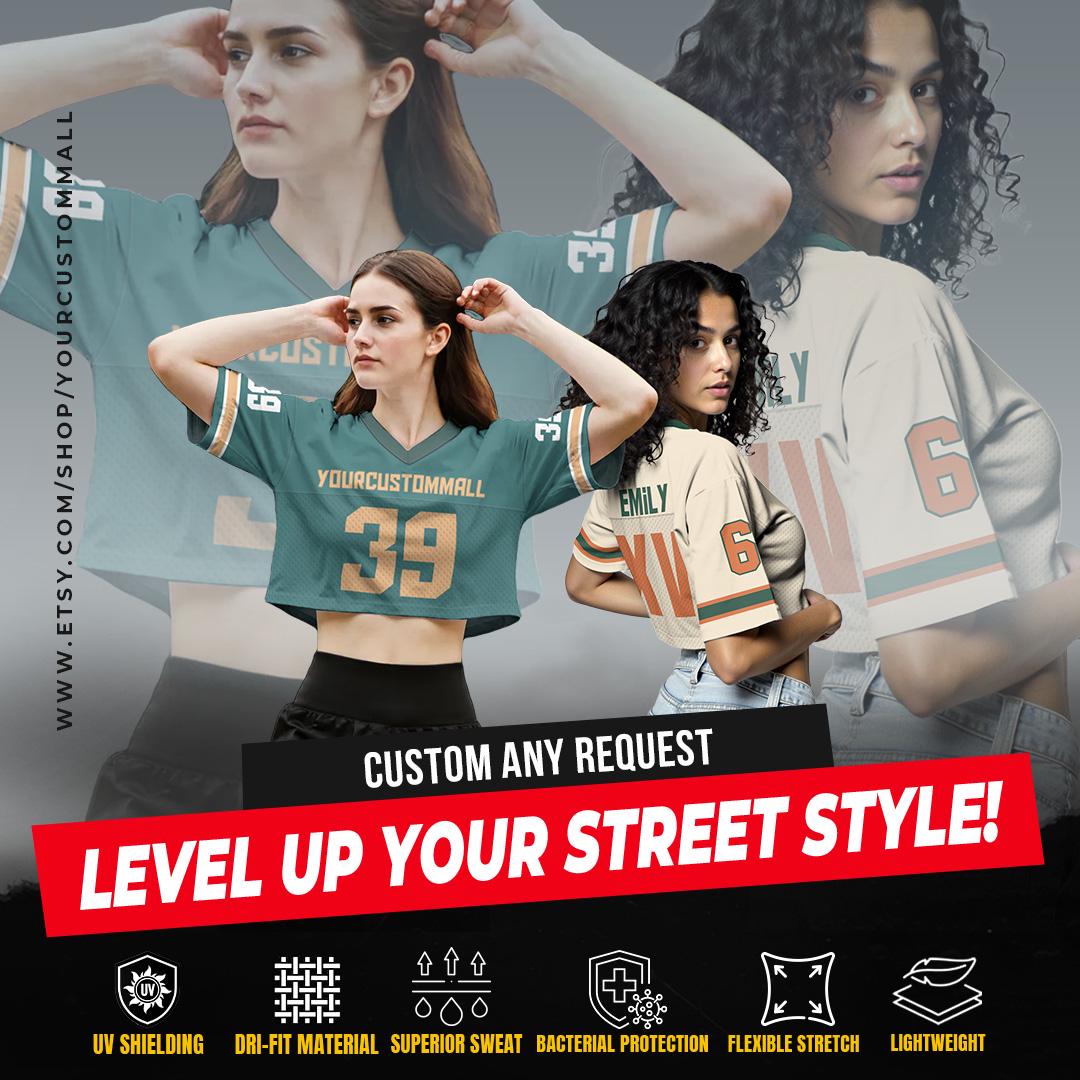 Personalize Women's Crop Top Football Jersey, Custom Team Name Number Logo Women Crop Tee, Streetwear Sports Crop Top Gift for her