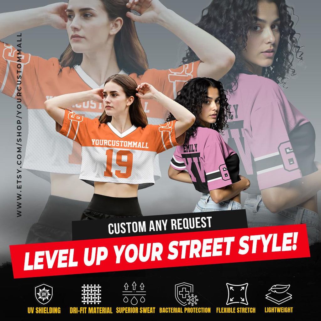 Personalize Crop Top Football Jersey for Women & Girls, Custom Team Name Number Logo Women Crop Tee, Team Sports Croptop Streetwear Shirts
