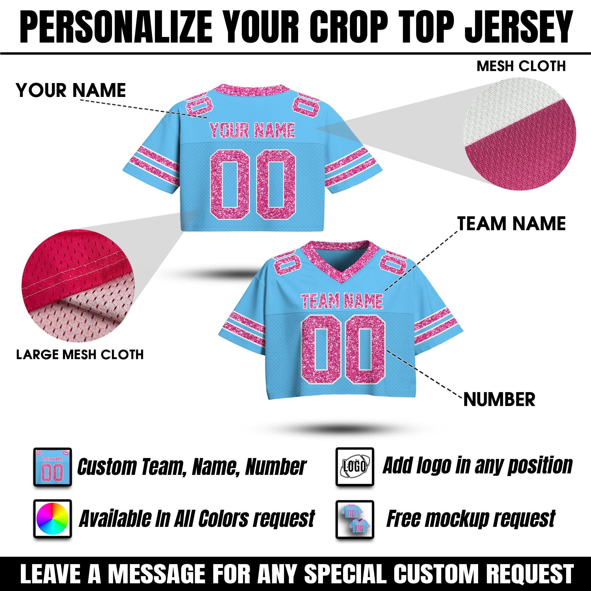 Personalize Glitter Crop Football Jersey for Women & Girls, Custom Bling Football jersey, Cheer Jersey sparkly team shirt Gift for her